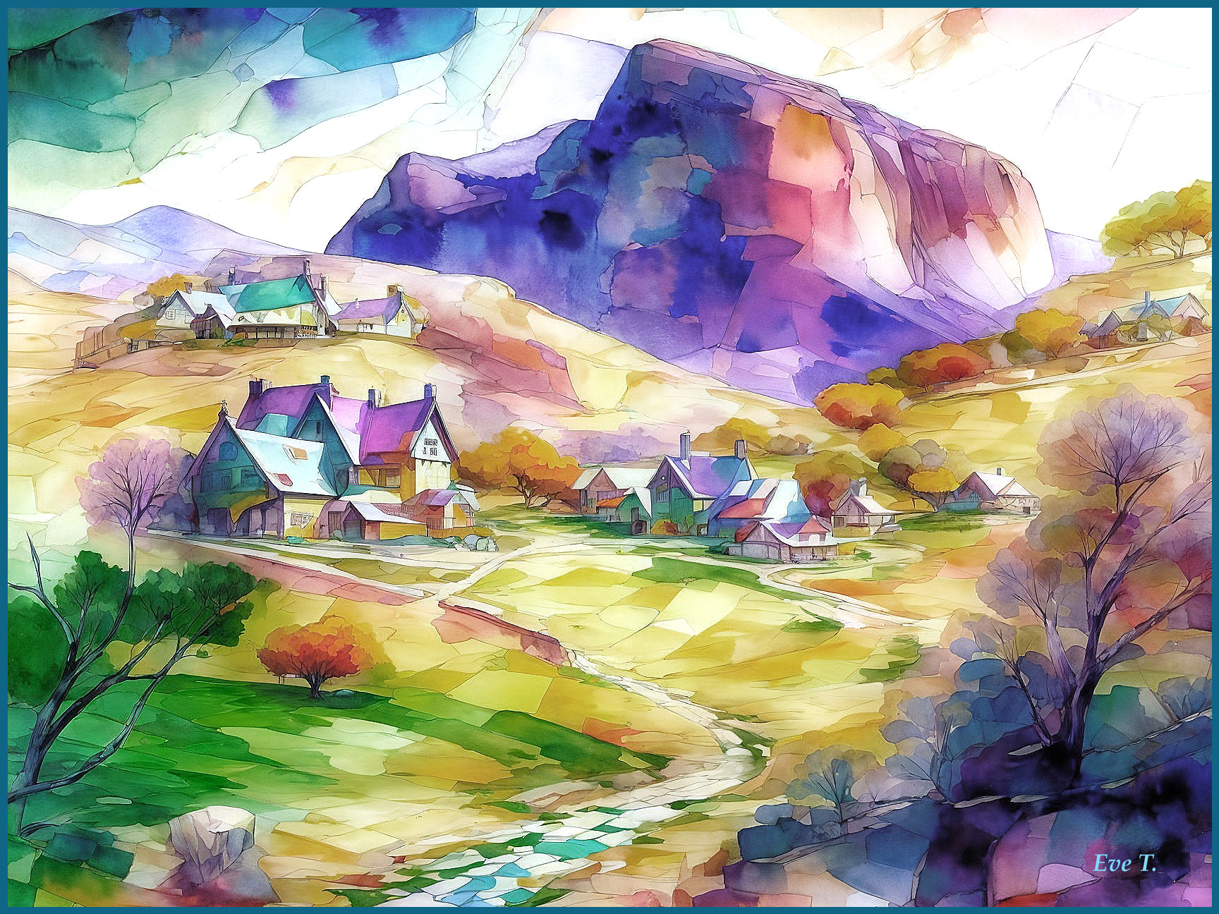 Abstract Landscape with Quaint Houses and Mountains