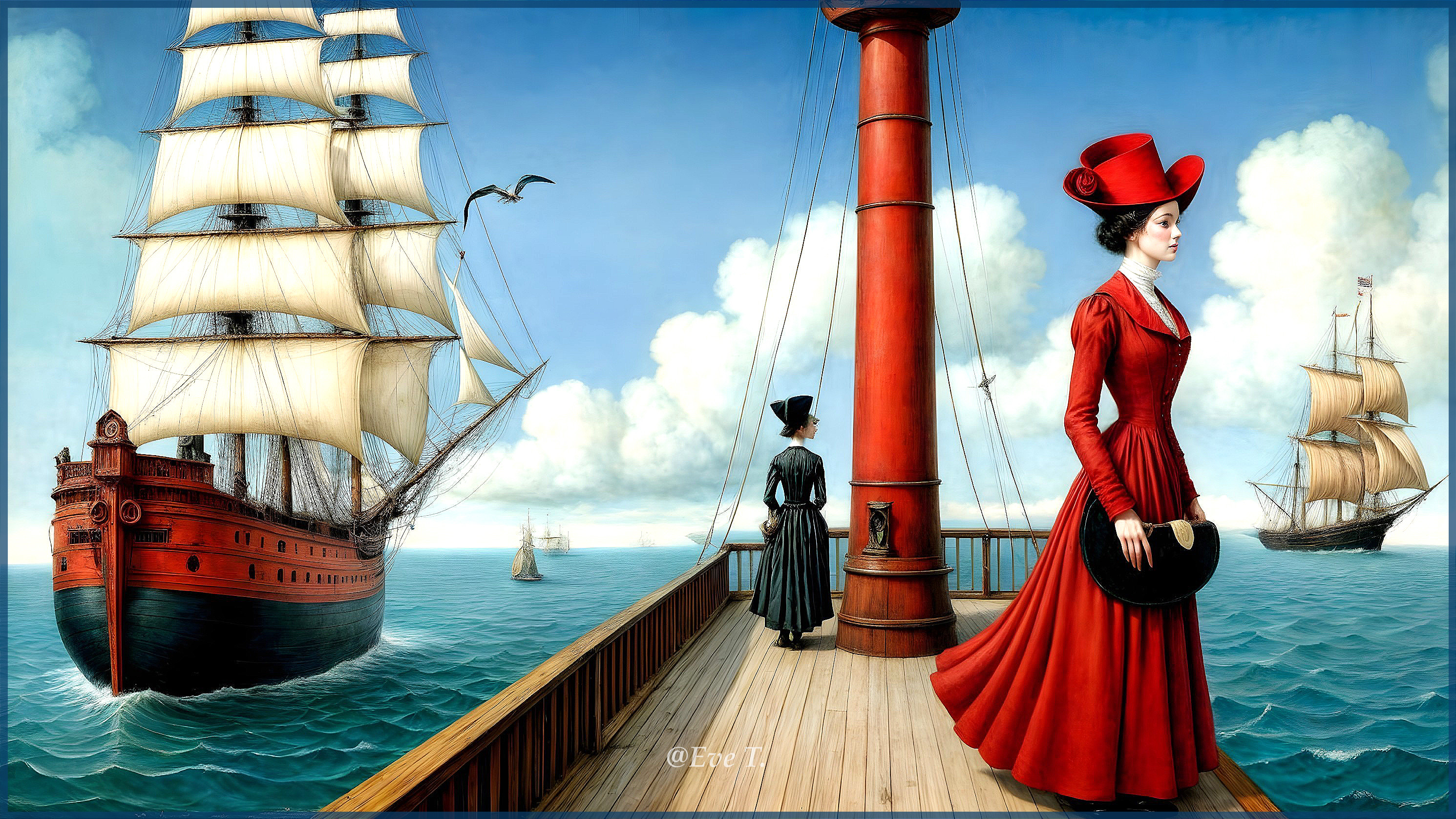 Elegant Women on Ship Deck with Vibrant Ocean View