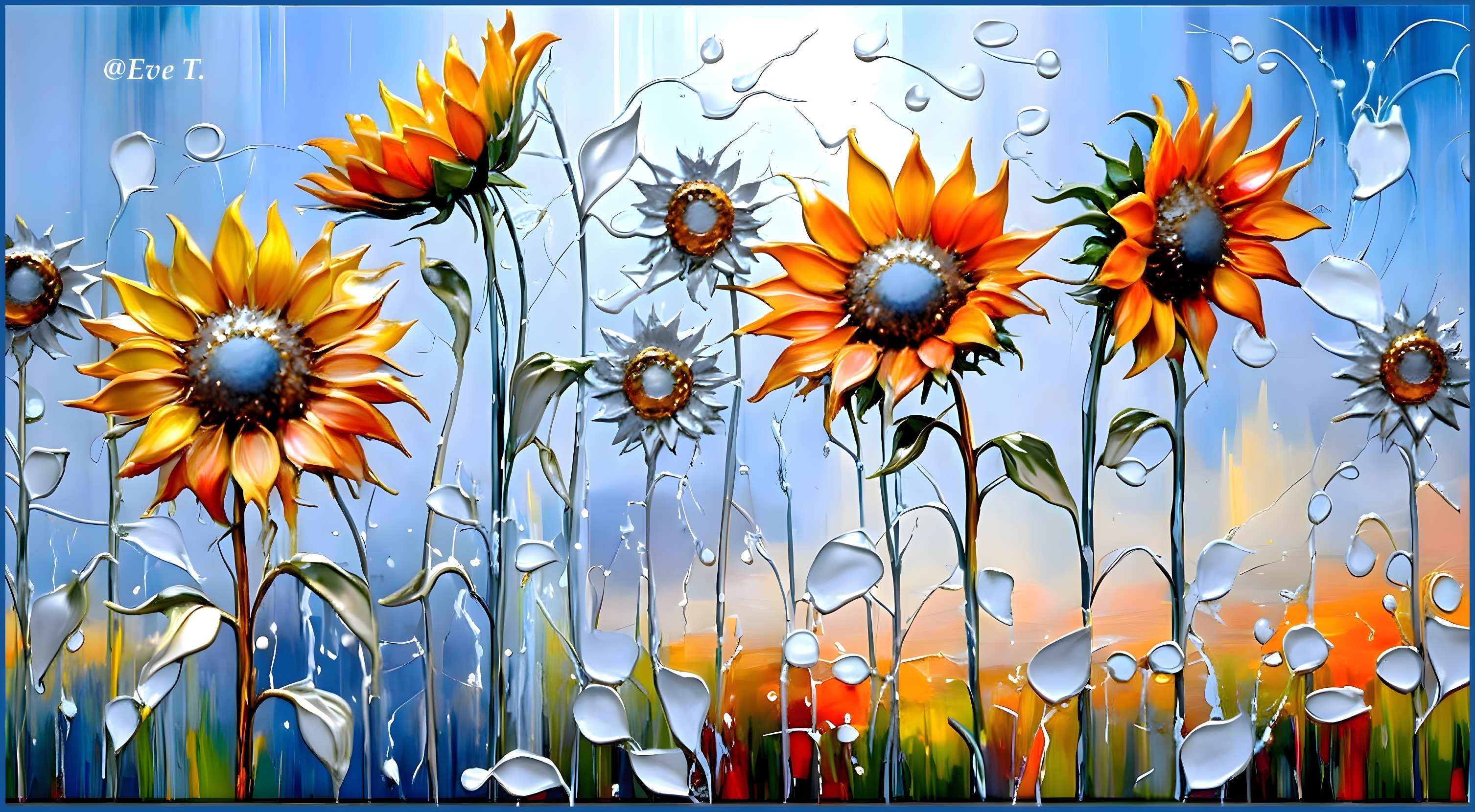 Vibrant Artwork of Tall Sunflowers with Blue Background