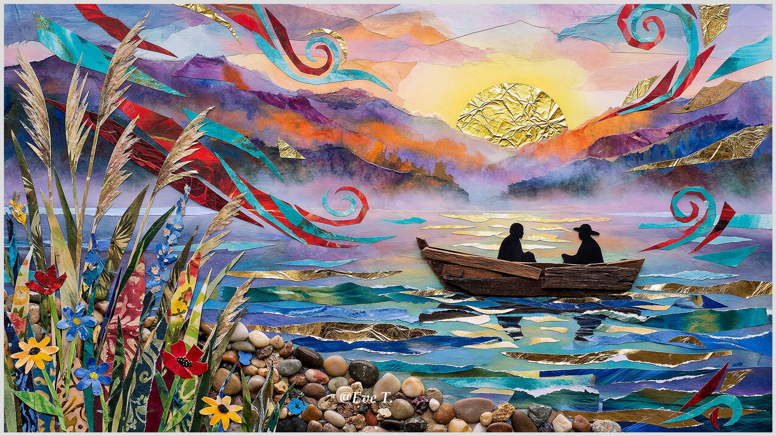 Mixed-media collage of a sunset landscape scene