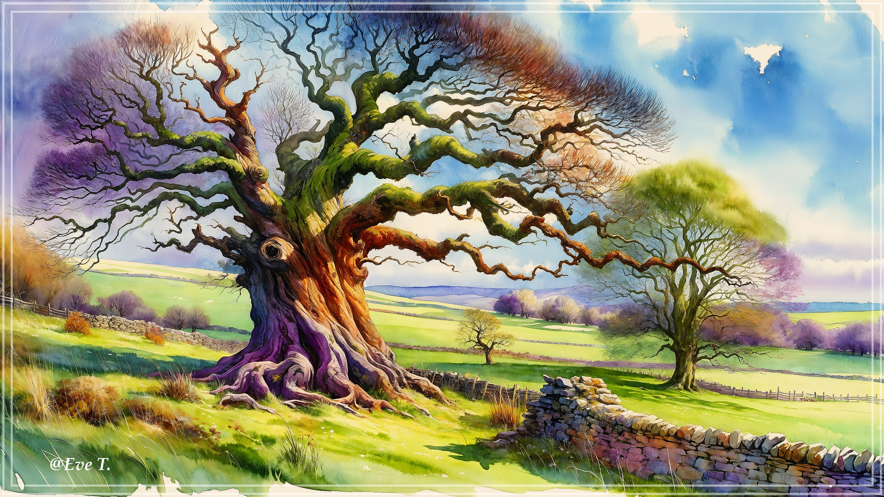 Vibrant Landscape with Majestic Ancient Tree and Hills