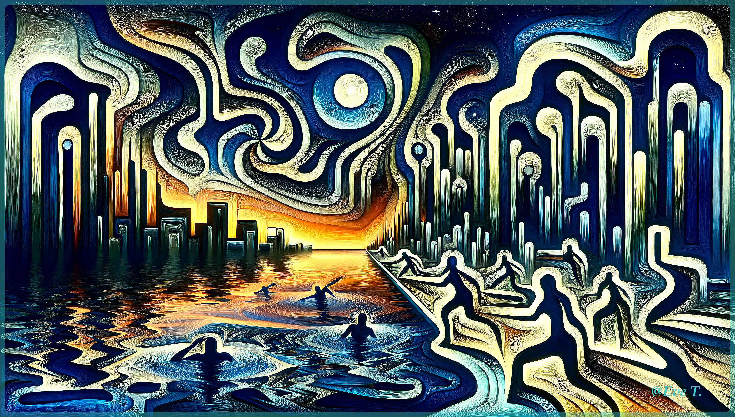 Abstract Cityscape at Sunset with Swirling Lines