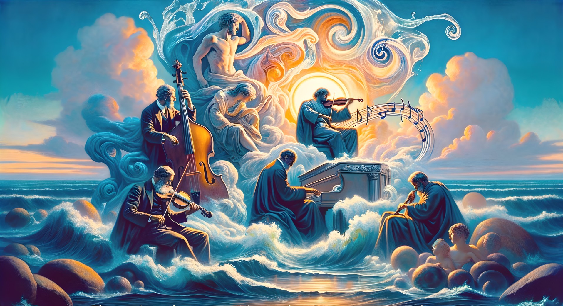 Colorful artwork of classical musicians on stormy sea