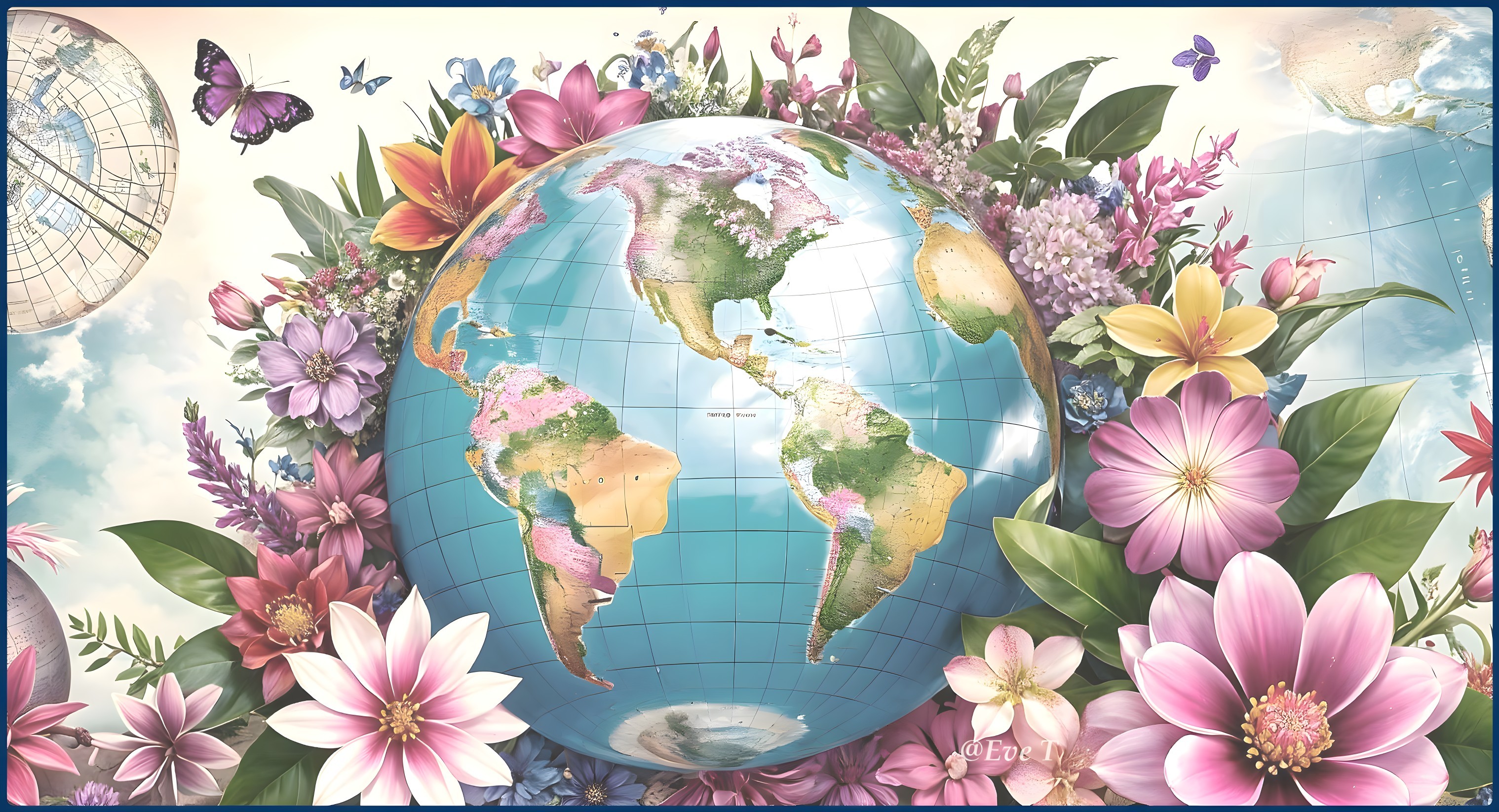 Illustrated globe with flowers and butterflies surrounding it