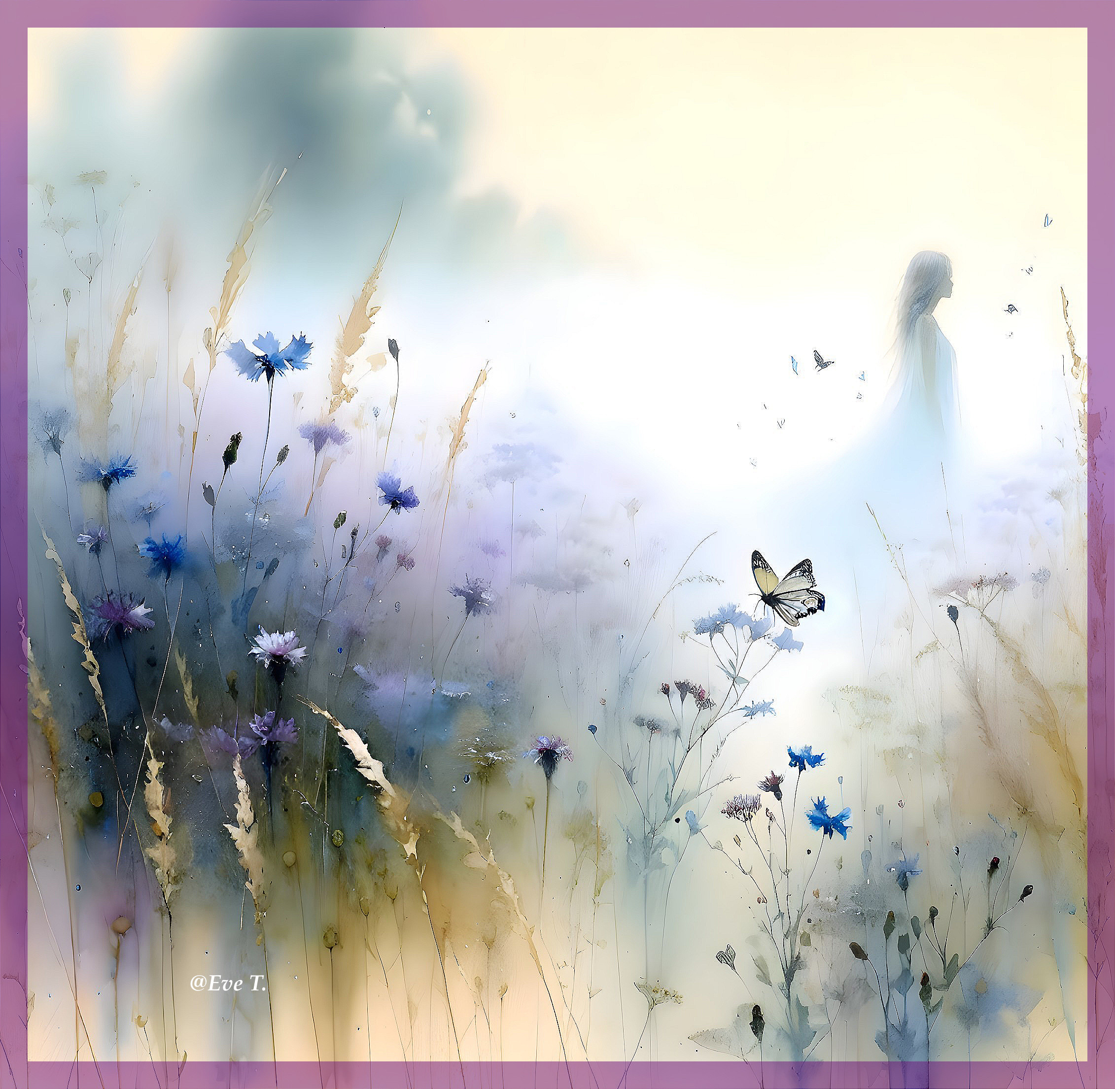 Serene ethereal landscape with wildflowers and mist
