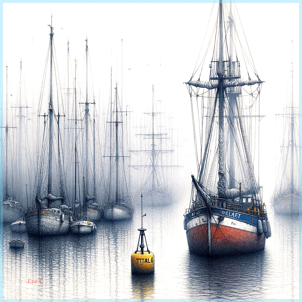 Serene Maritime Scene with Sailboats and Mist