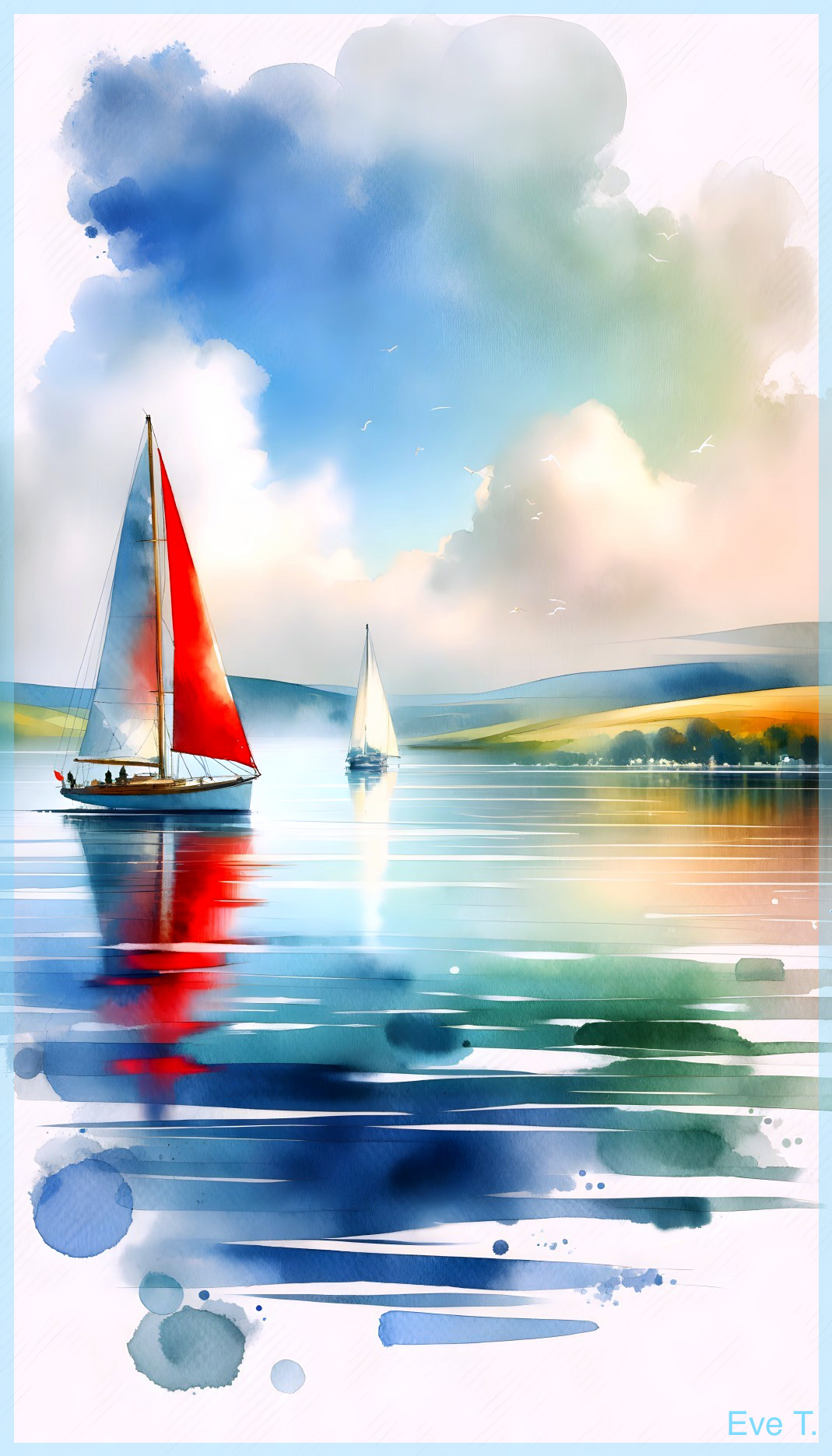 Serene Seascape with Sailboats and Pastel Sky
