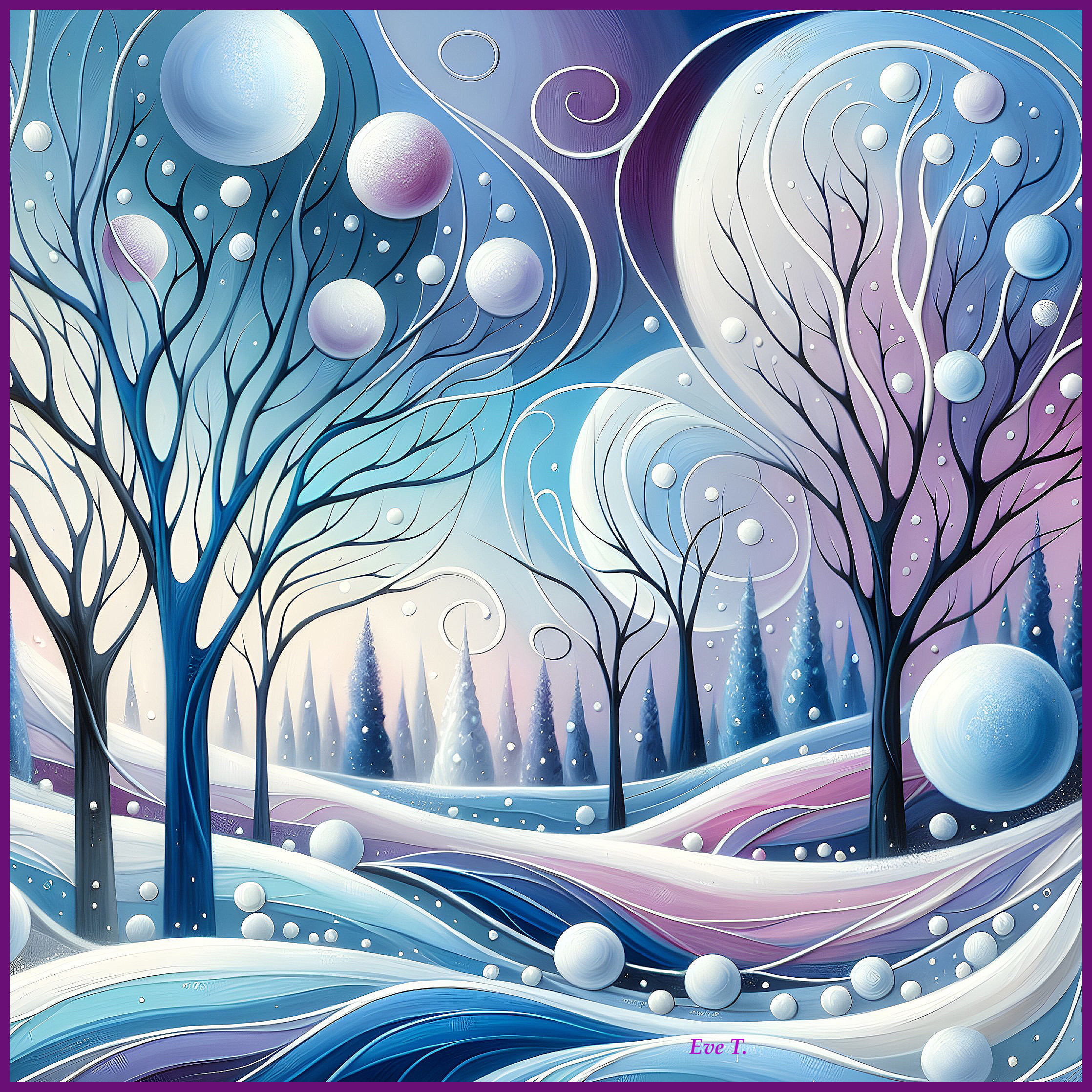 Whimsical Winter Landscape with Snow and Abstract Trees