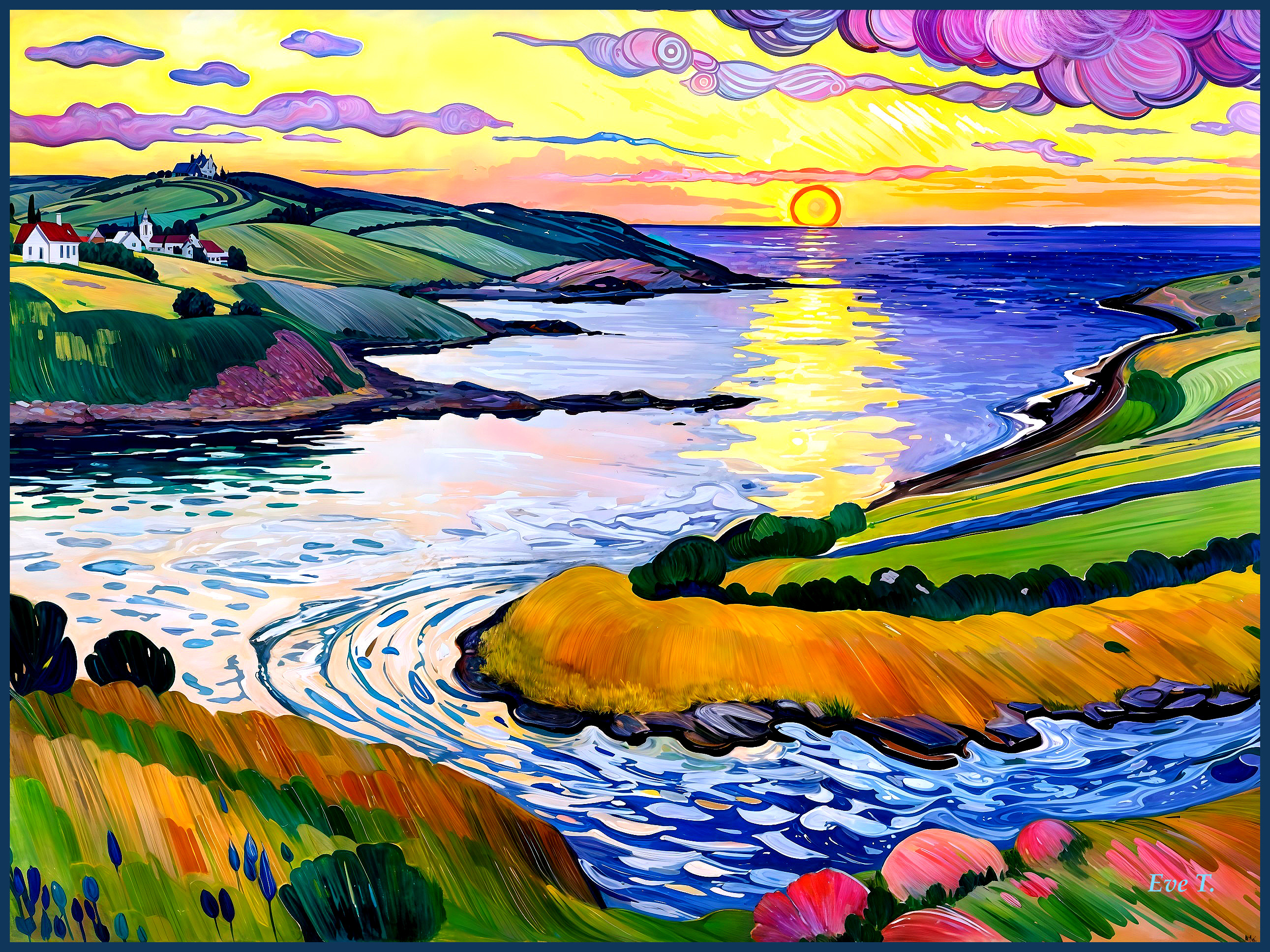 Vibrant Coastal Landscape at Sunset with Hills and Ocean