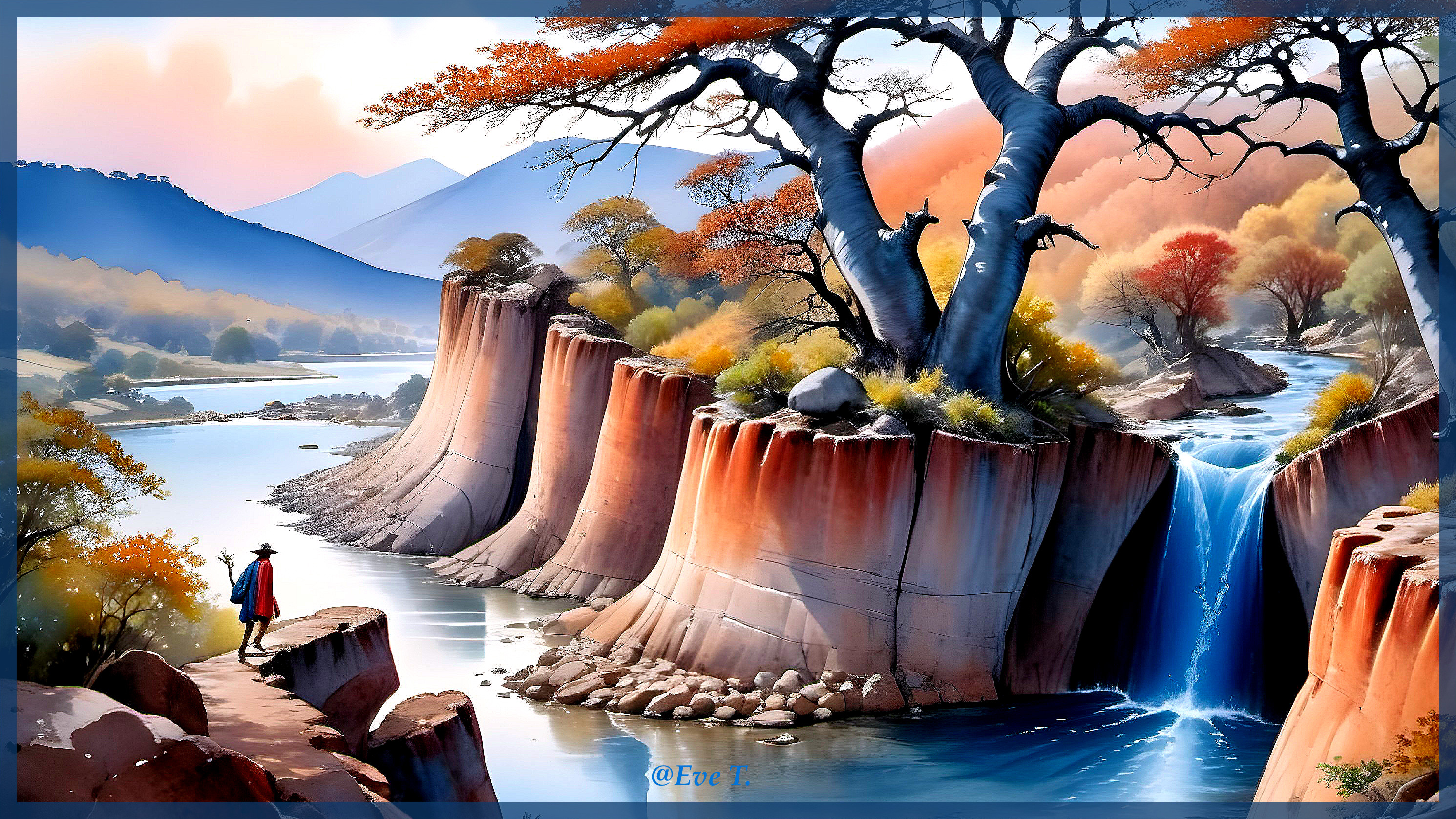 Tranquil River and Autumn Landscape with Waterfall