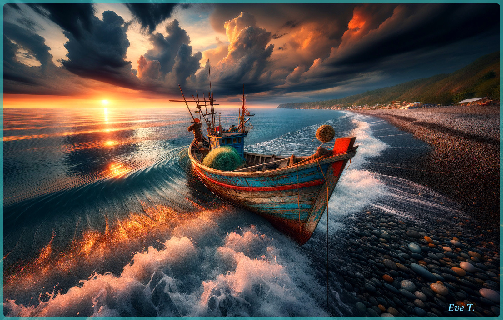 Colorful Fishing Boat on Pebbly Beach at Sunset