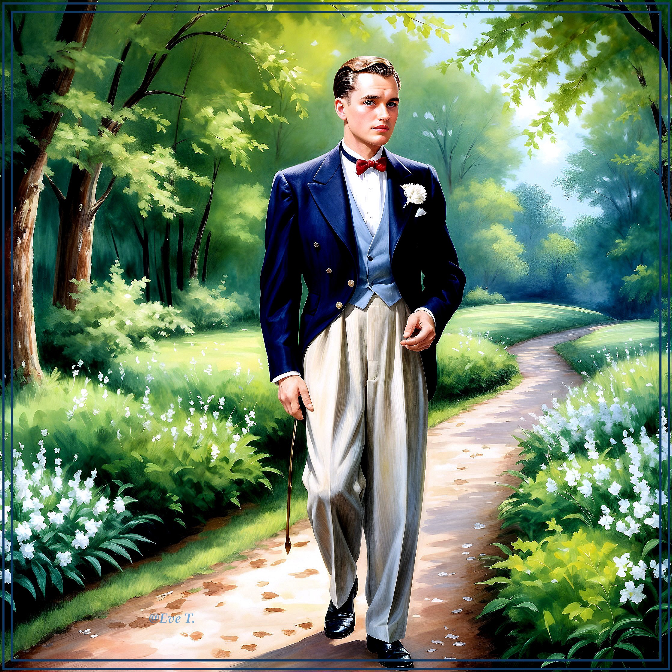 Dapper Young Man in Blooming Garden Pathway