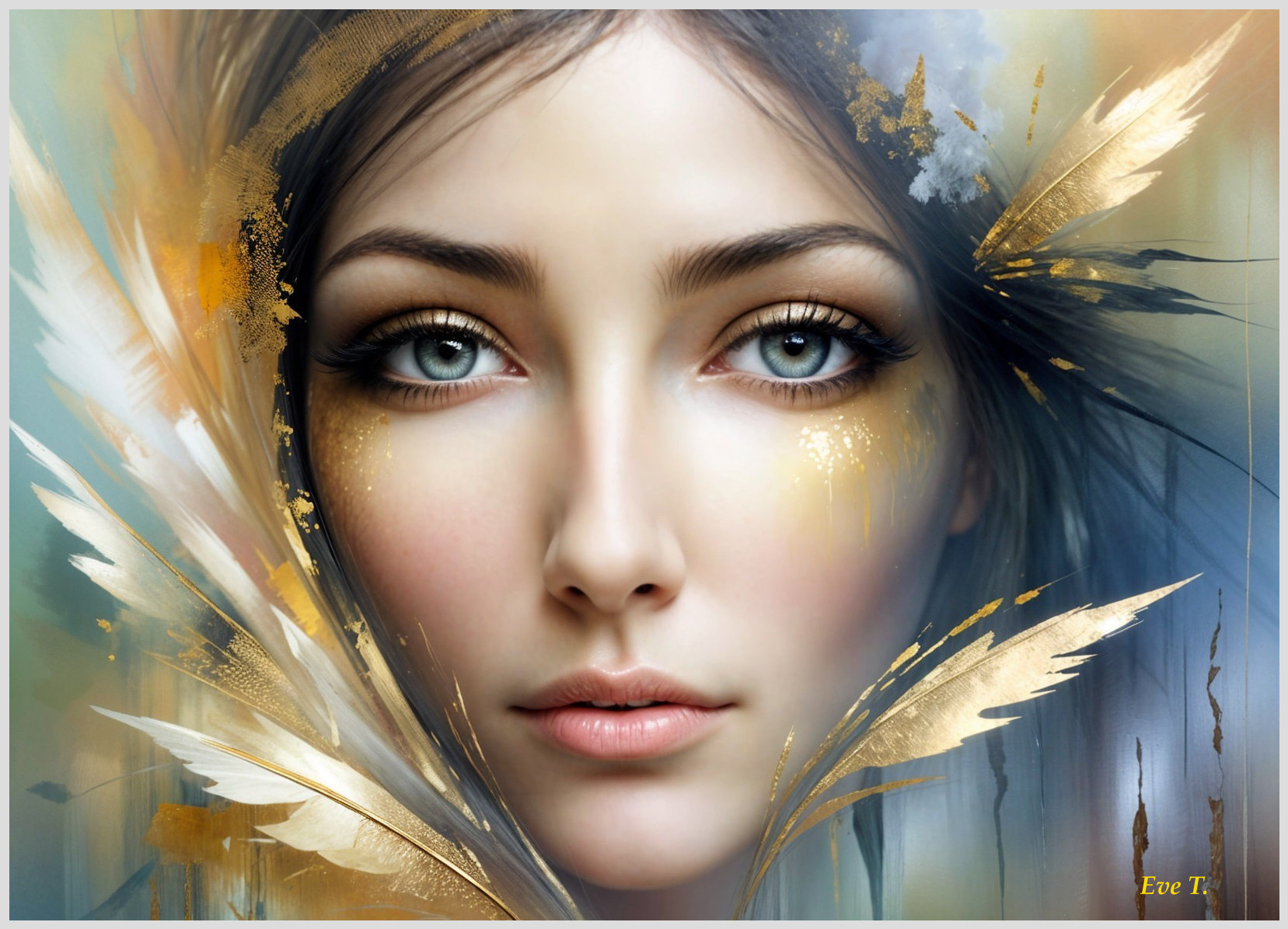 Portrait of a Young Woman with Blue Eyes and Feathers