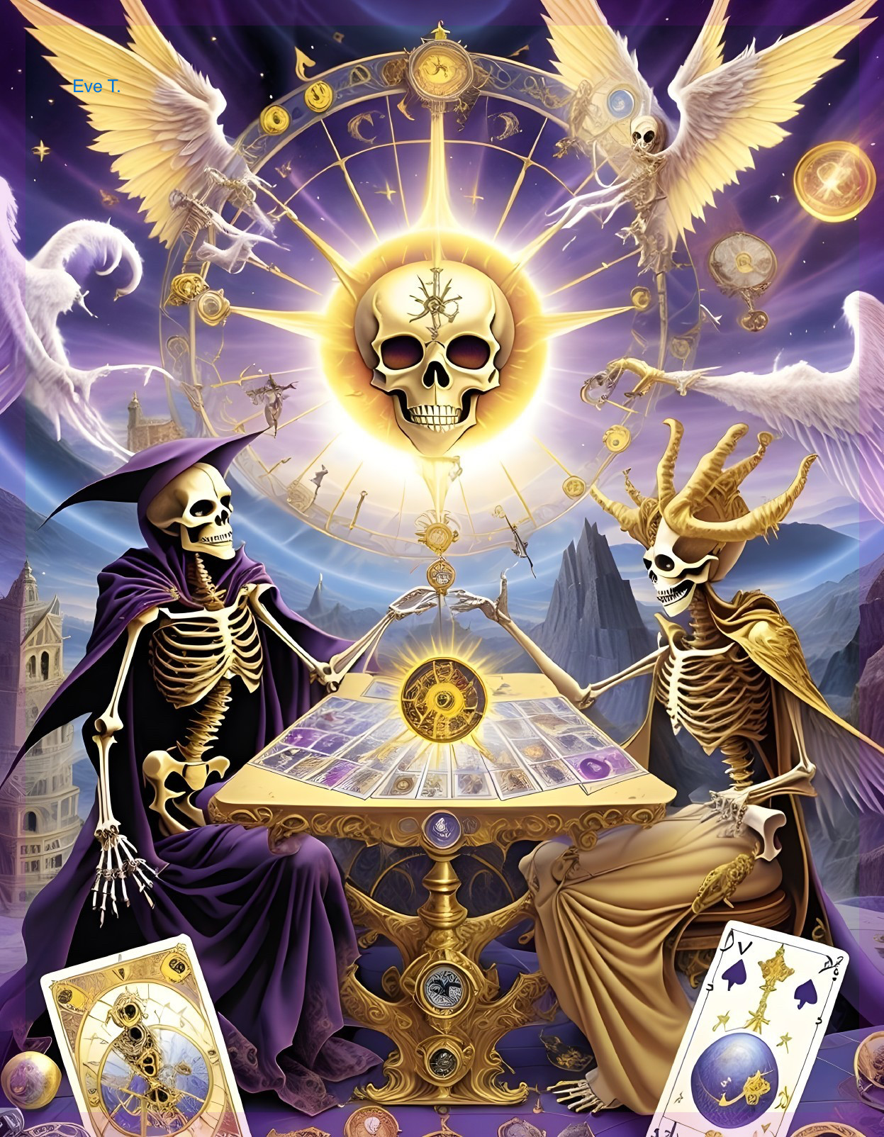 Skeletons at Table with Tarot Cards and Celestial Motifs
