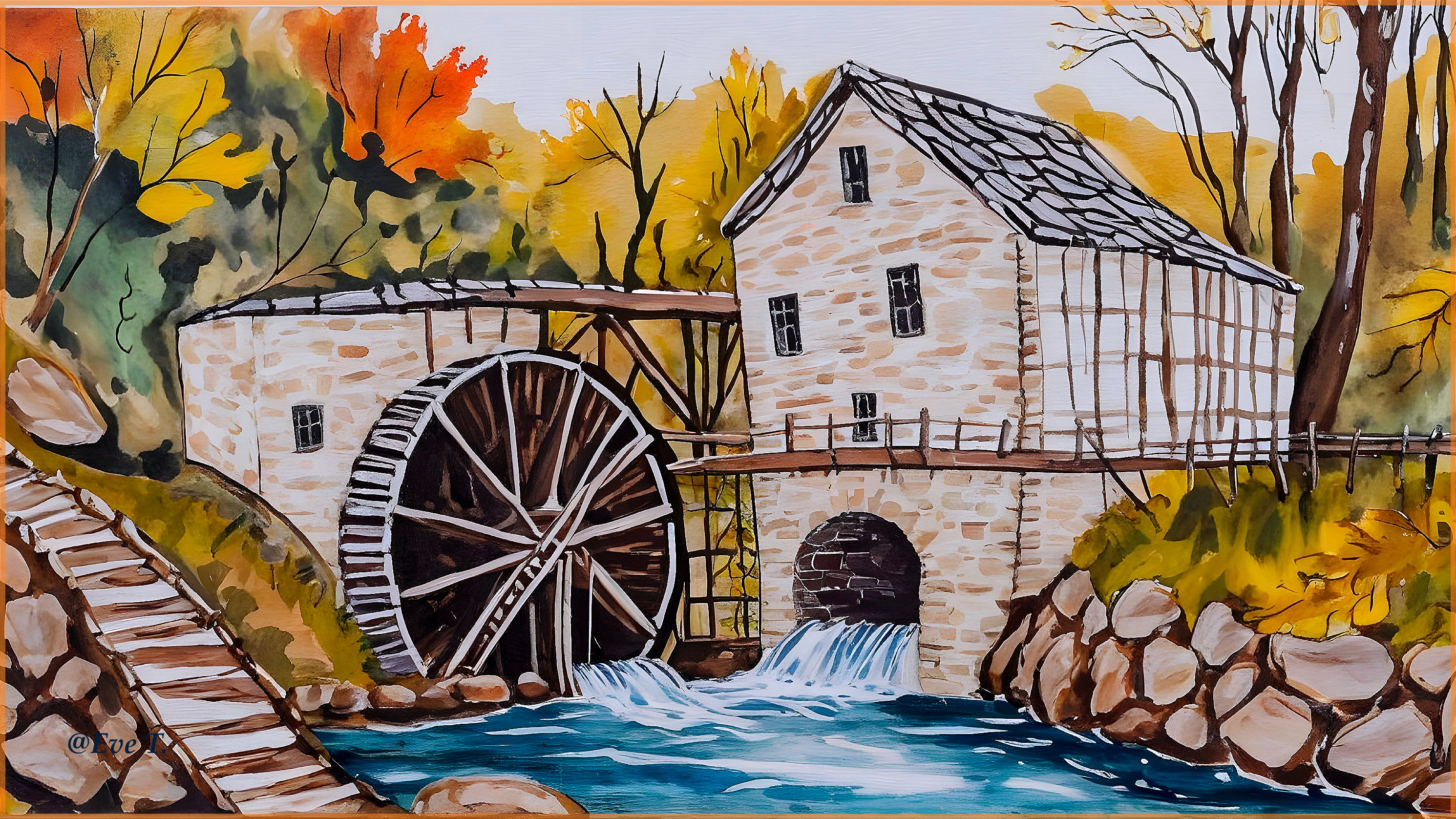 Charming watermill beside a stream in autumn scenery