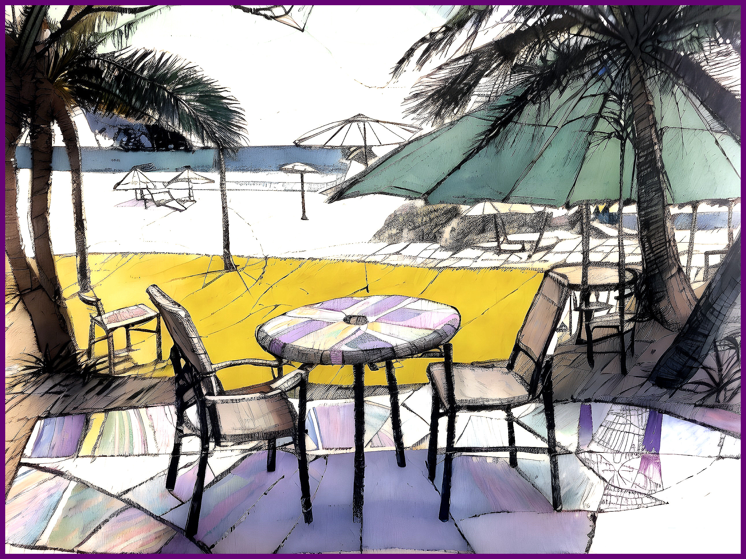 Vibrant Beach Scene with Table, Chairs, and Umbrellas