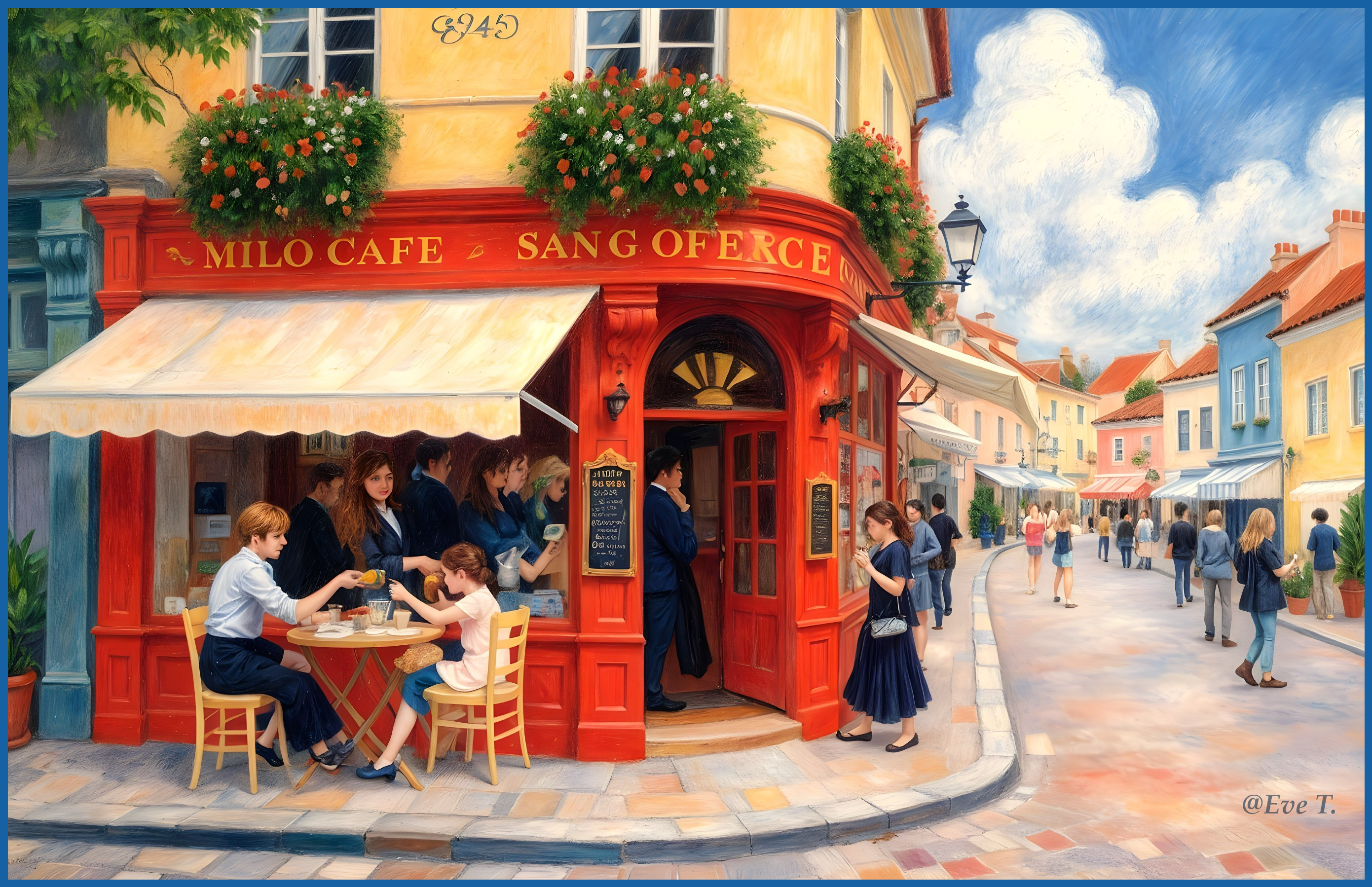 Charming Café in Vibrant Cobblestone Street Scene