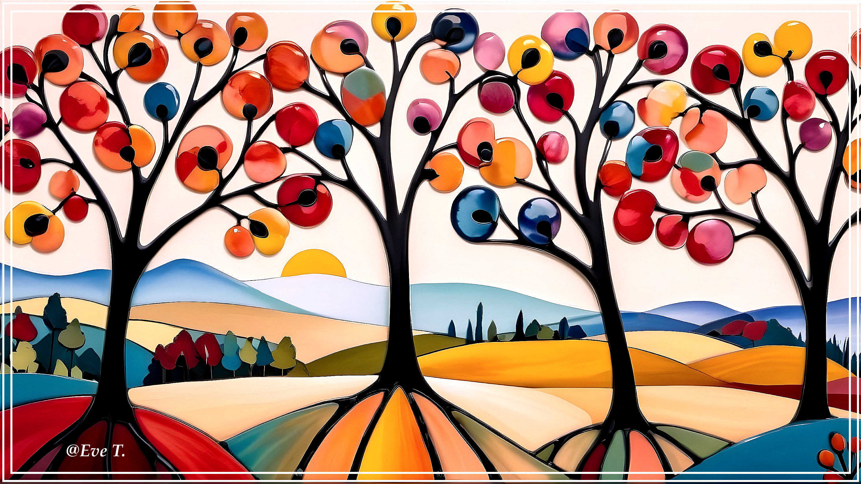 Vibrant Landscape with Colorful Fruit Trees and Hills