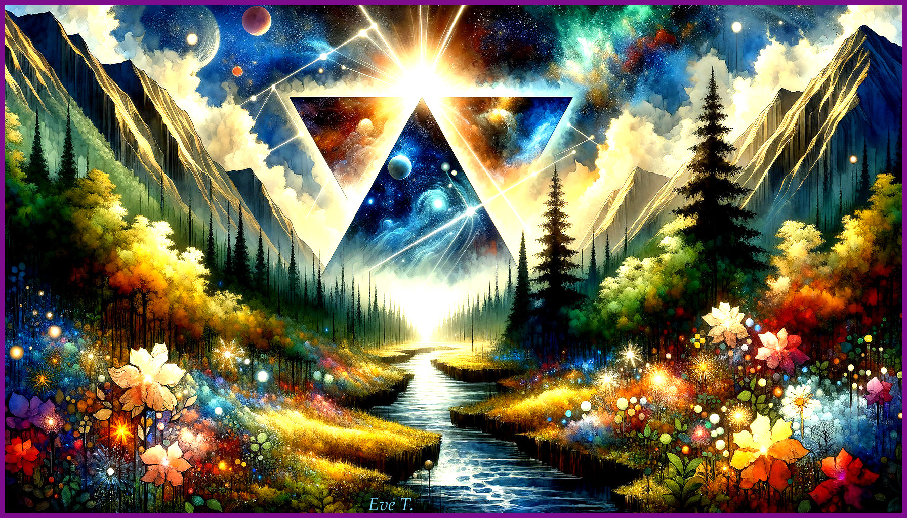 Vibrant Landscape with Cosmic and Natural Elements