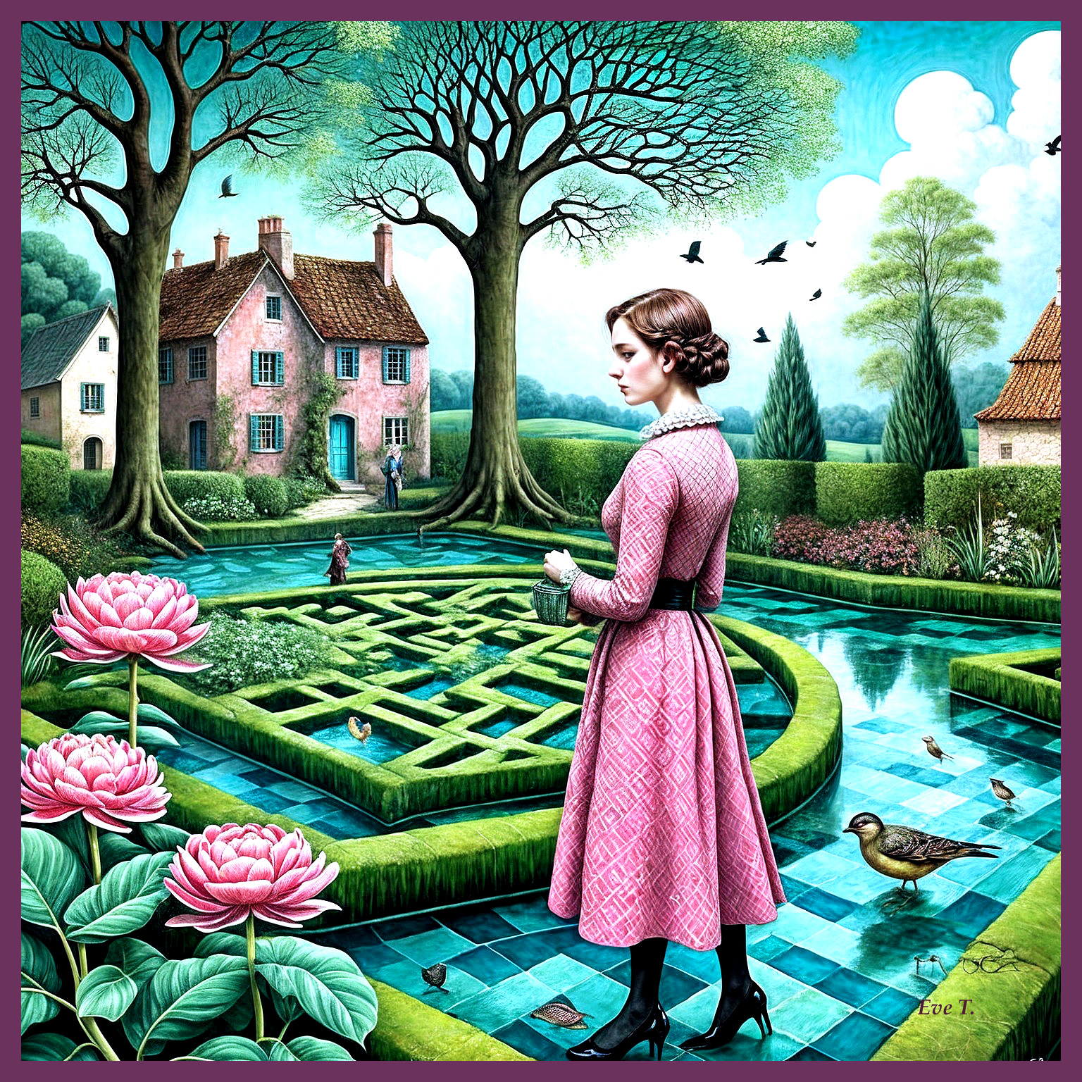 Serene garden scene with woman by tranquil waterway