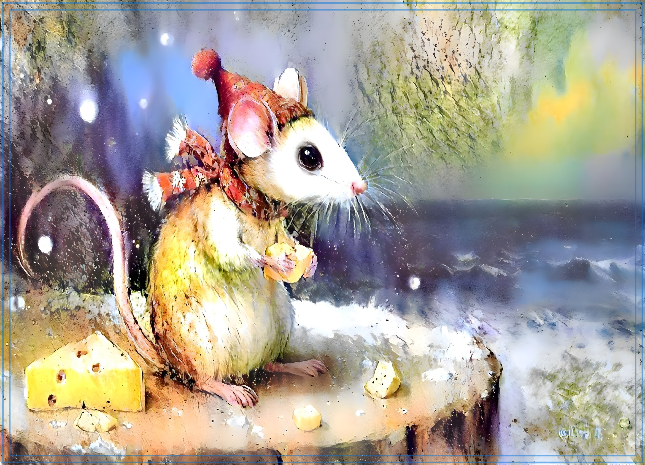 Mouse in festive attire on snow-covered rock