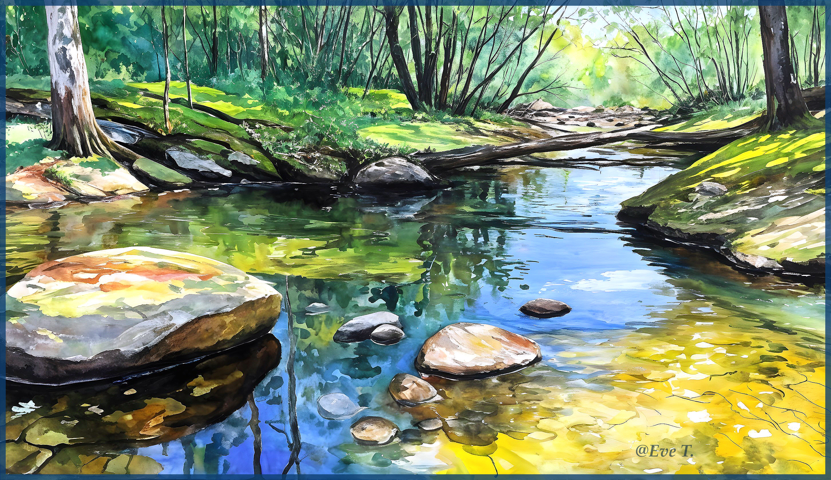 Watercolor of a serene stream in a lush landscape