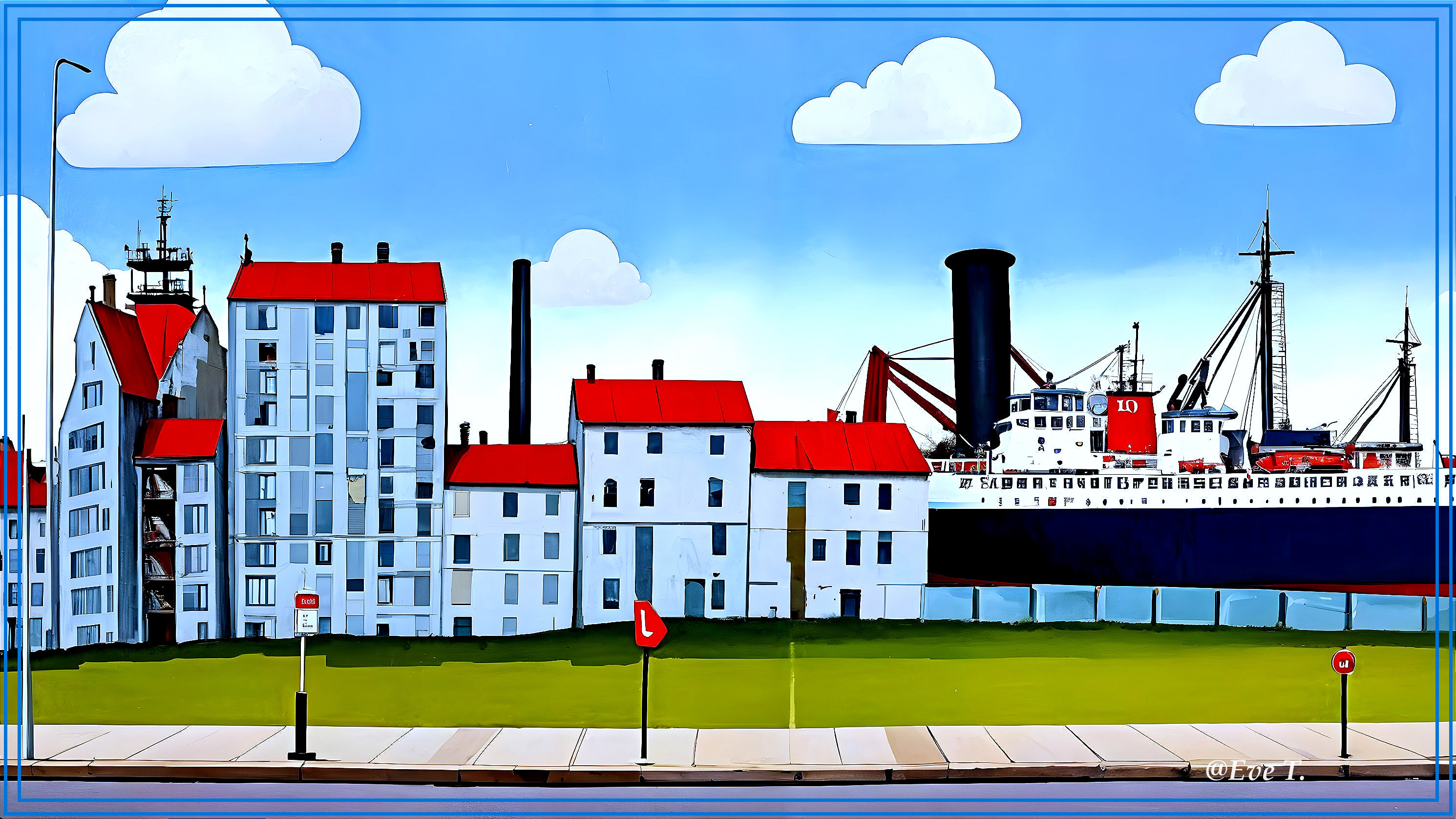 Vibrant Waterfront Scene with Ship and Coastal Buildings
