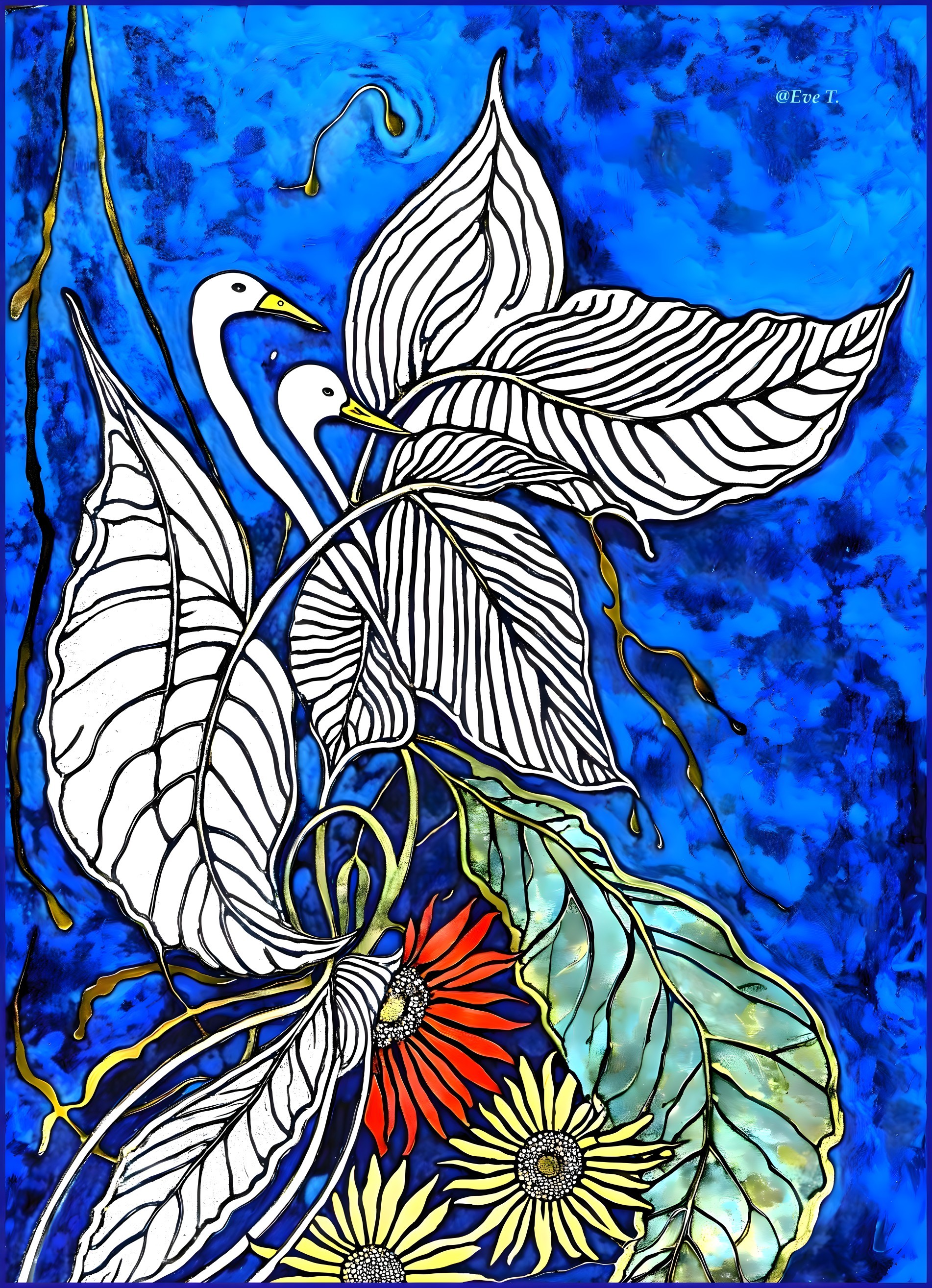 Stylized Herons Amid Detailed Leaves and Flowers