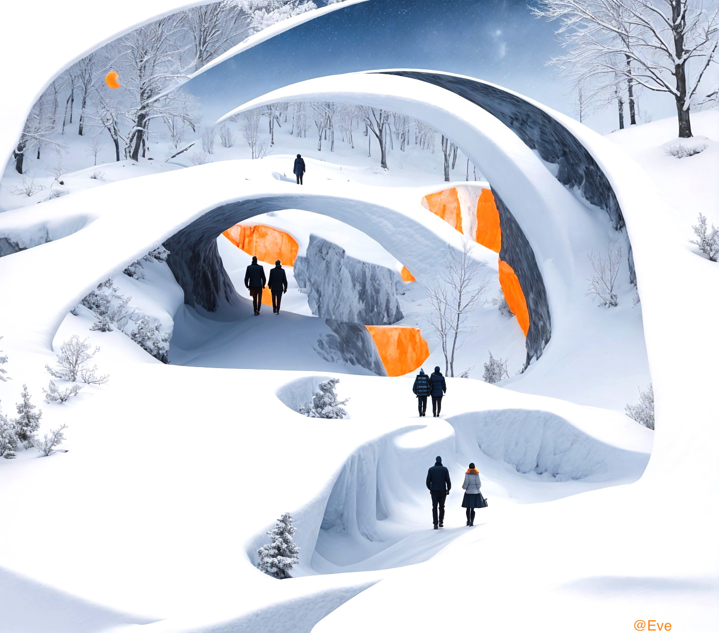 Snowy Landscape: Surreal Path with Orange Light Portals & Silhouettes