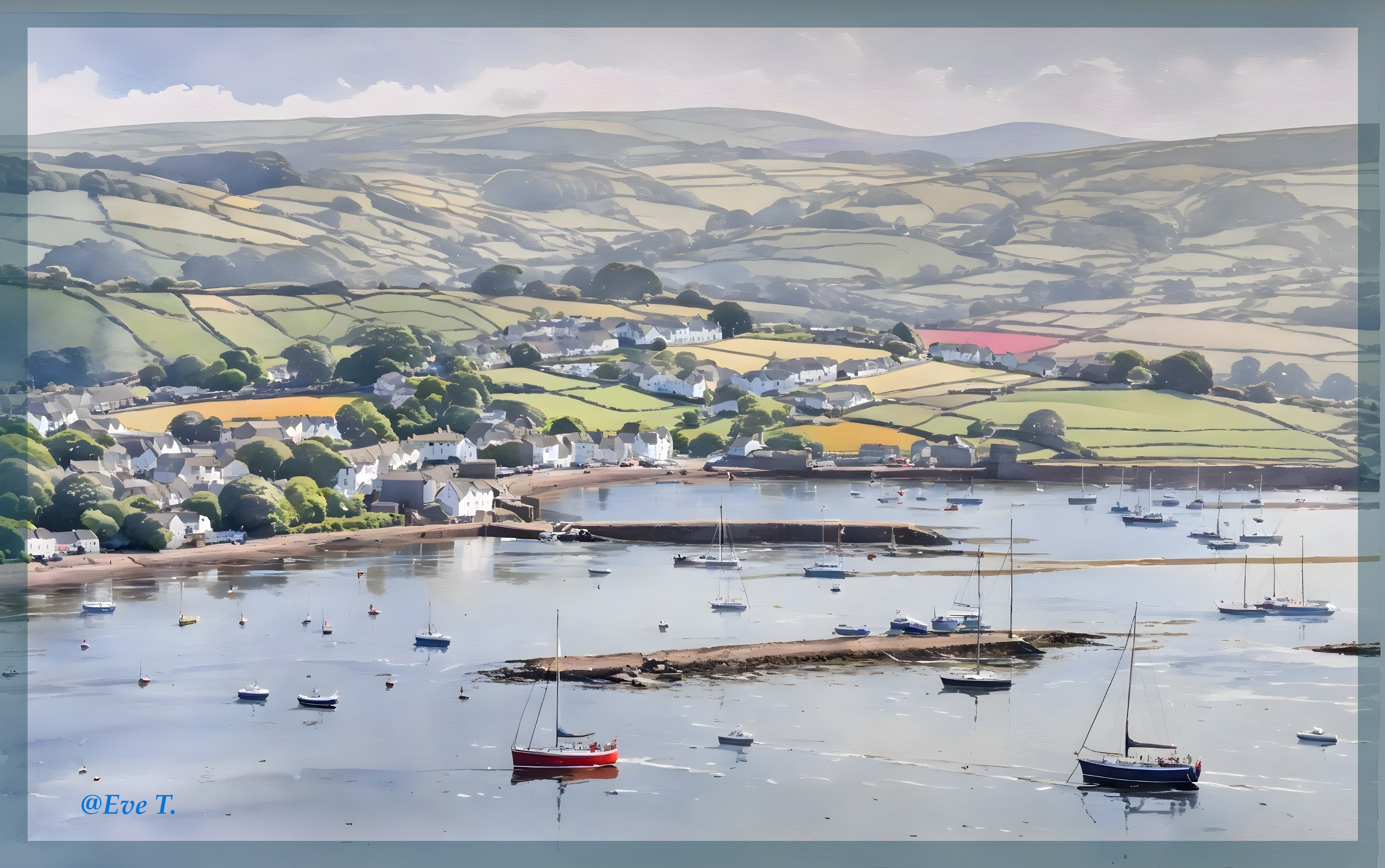 Picturesque Coastal Harbor with Sailboats and Hills