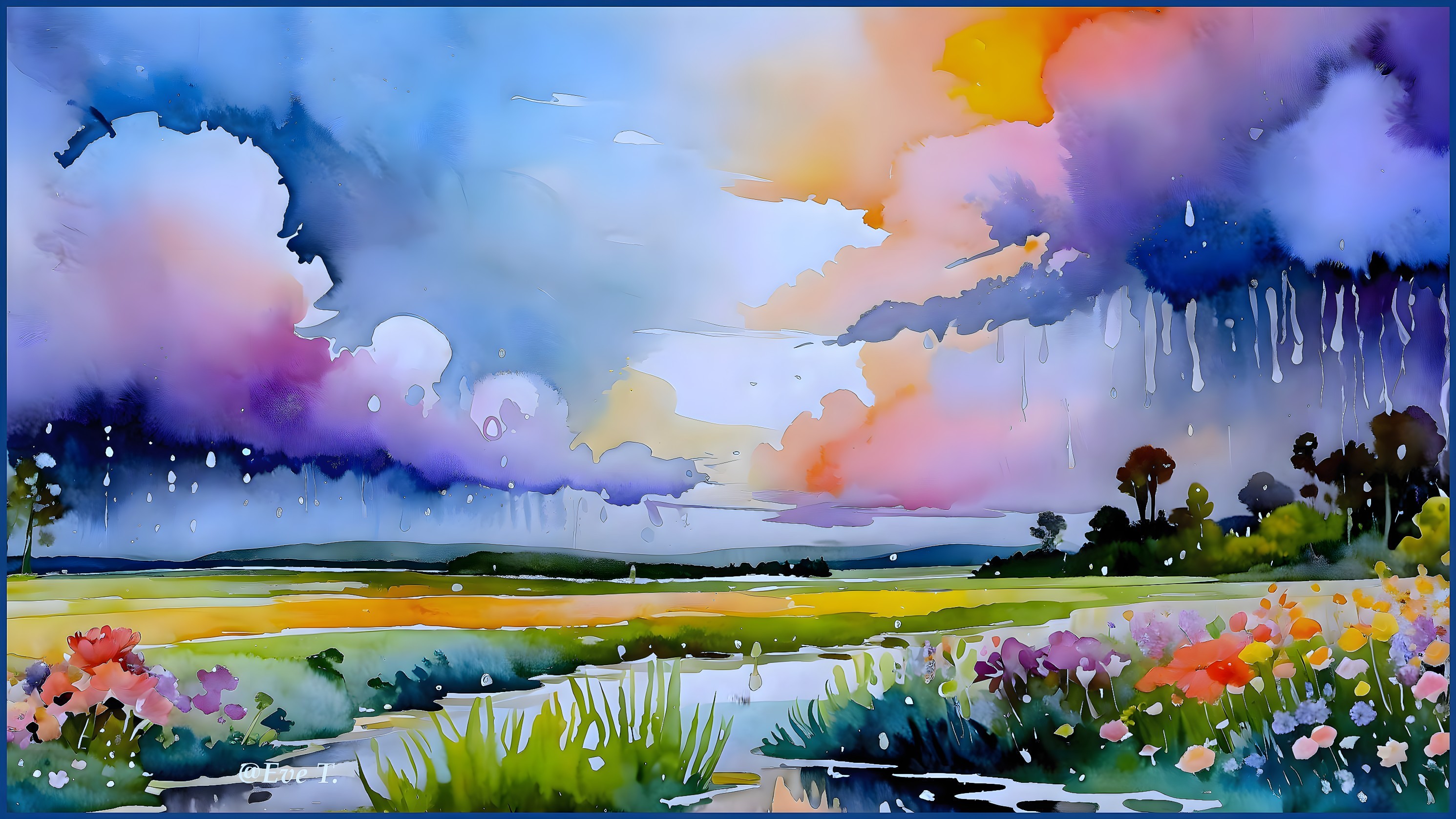 Vibrant Watercolor Landscape of Meadows and River