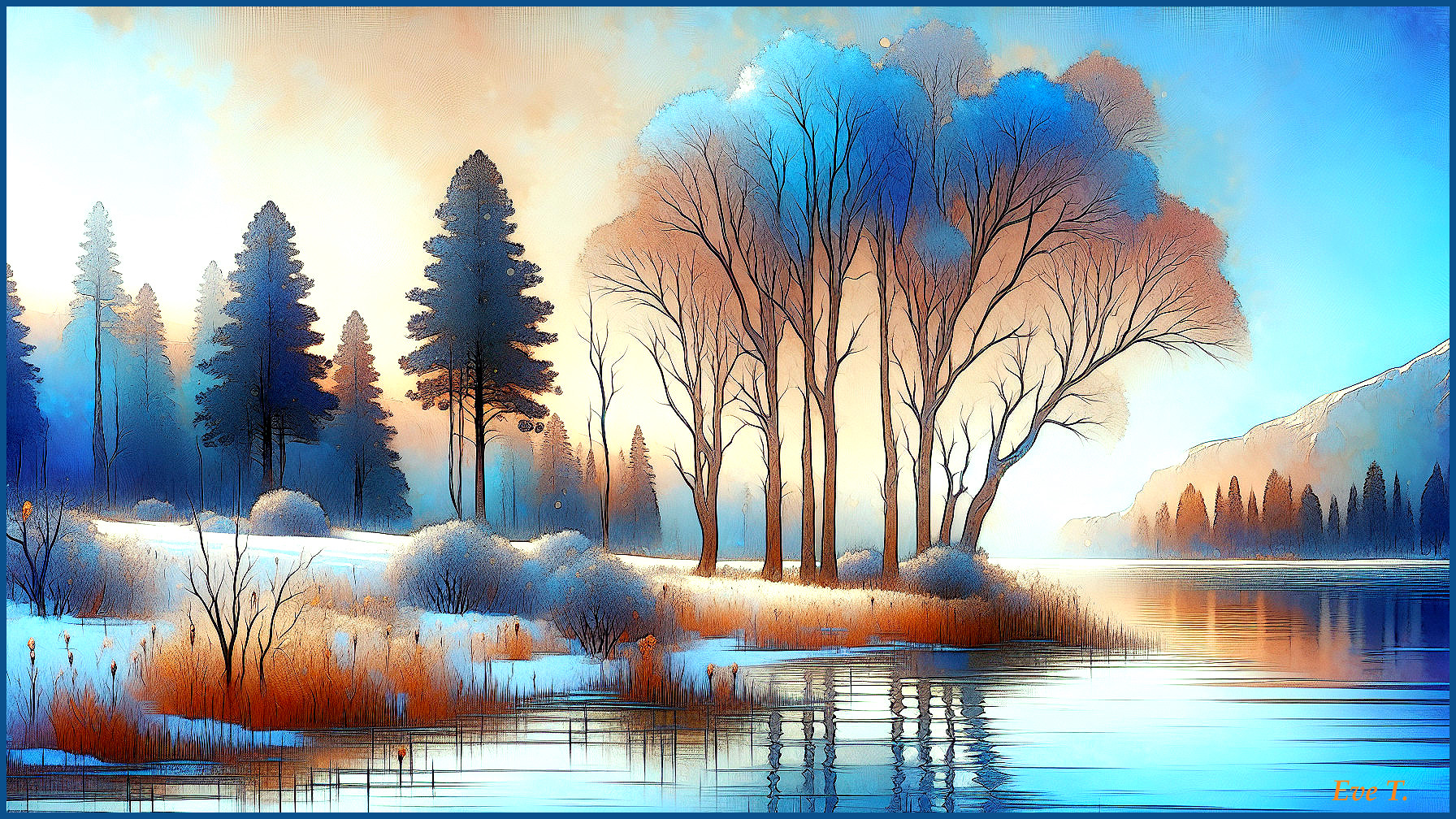 Serene Winter Landscape with Evergreen Trees and Lake