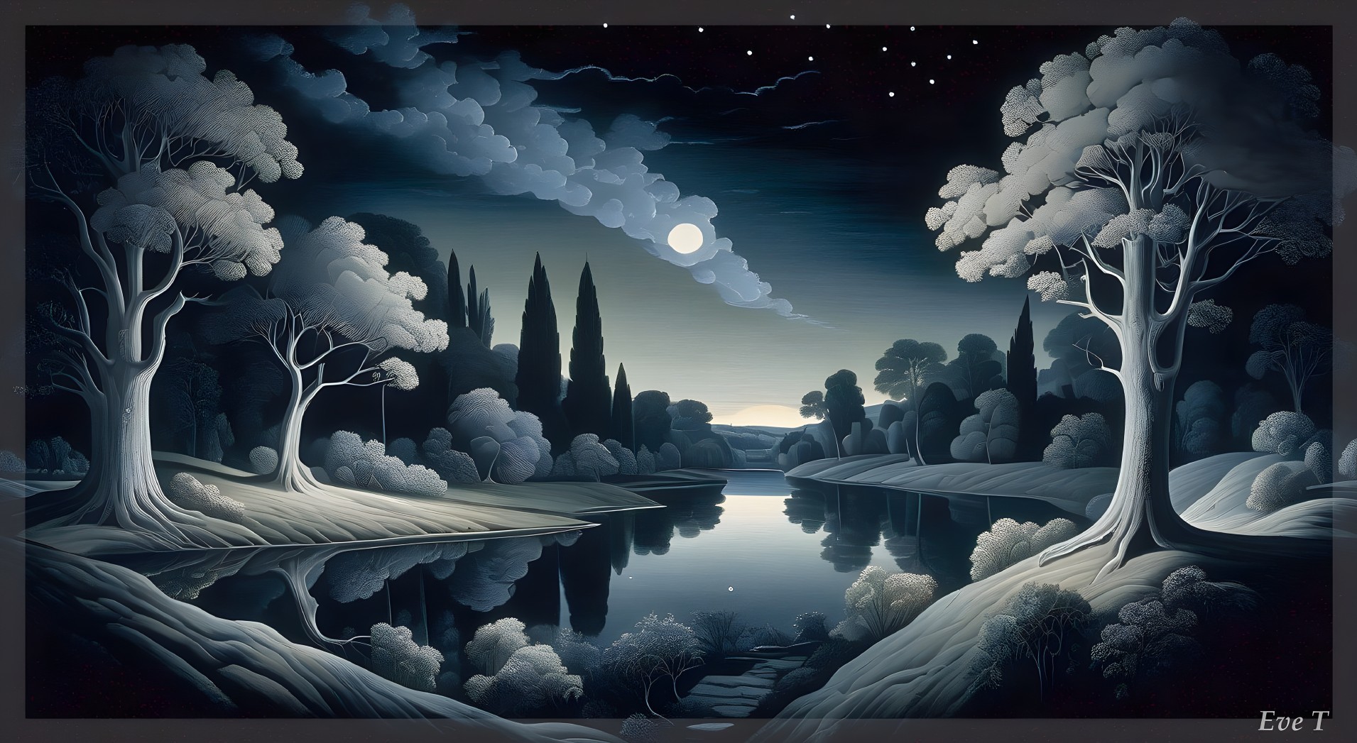 Monochromatic Night Landscape with Trees and Lake