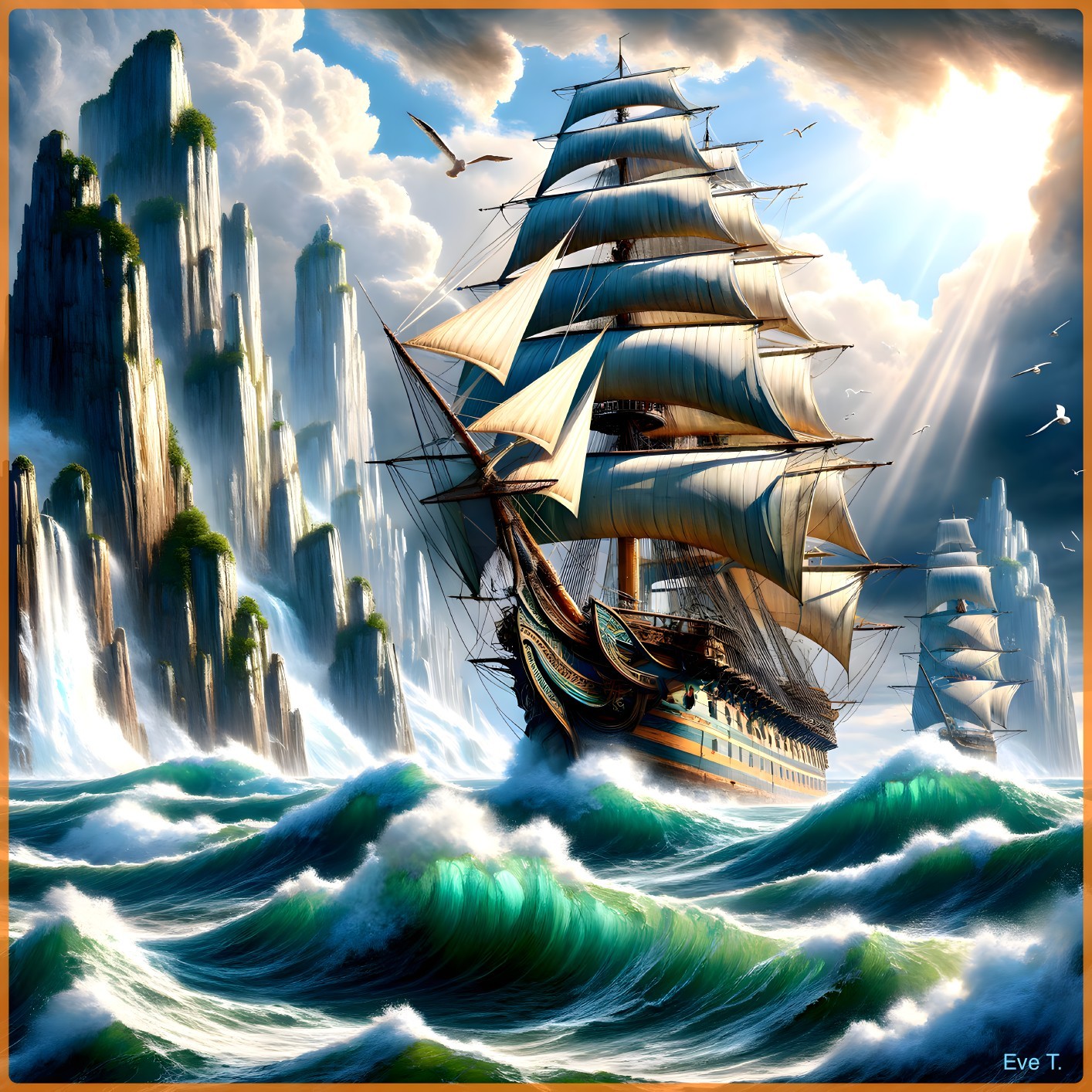 Tall Ship Sailing Through Dramatic Seascape and Cliffs