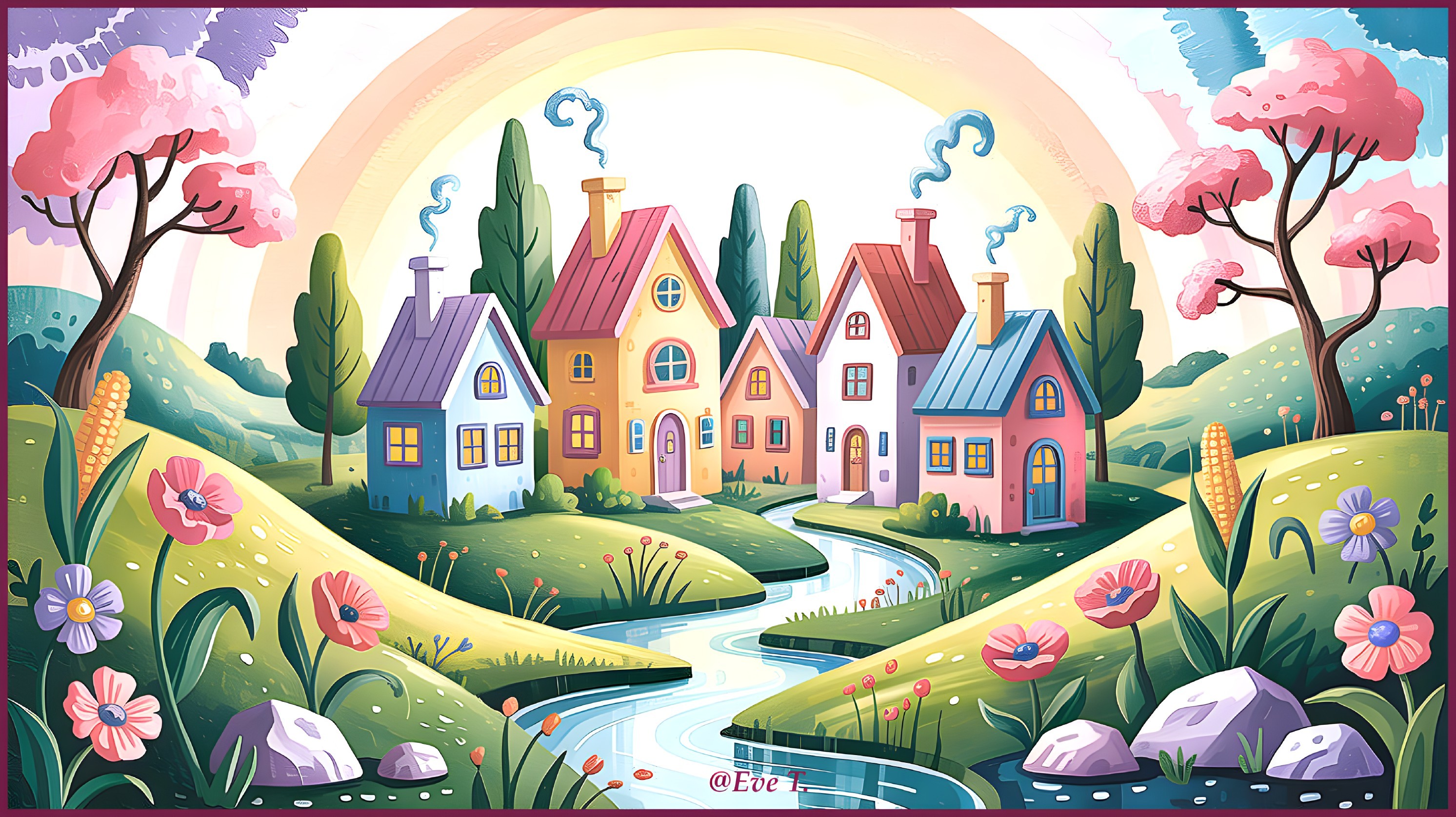 Whimsical Landscape with Colorful Houses and Rainbow
