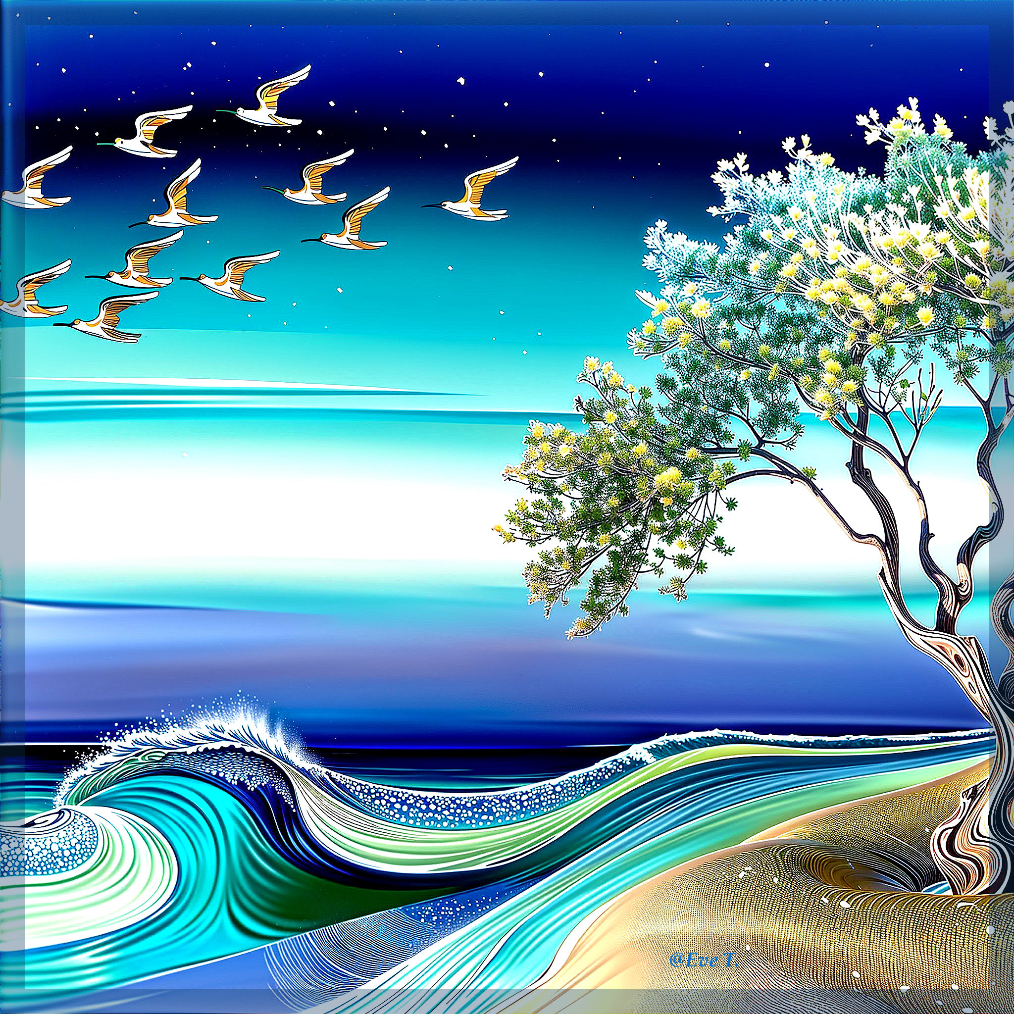 Coastal Scene with Waves, Trees, and Starry Sky