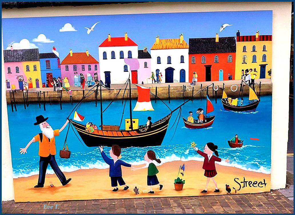 Colorful Mural of a Lively Seaside Scene