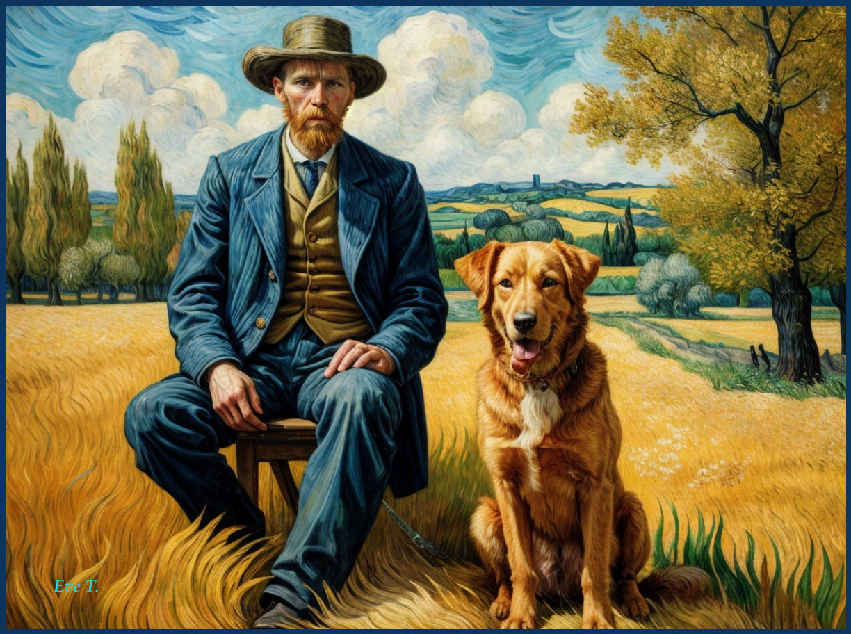 Man in Straw Hat and Suit in Wheat Field with Dog