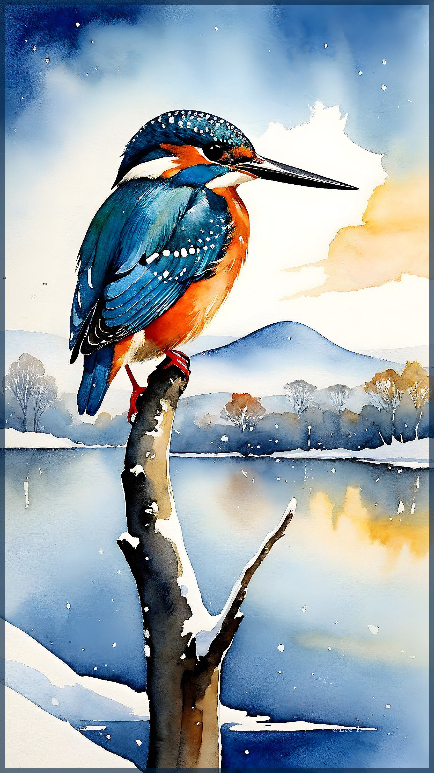 Kingfisher on Snowy Branch in Winter Landscape