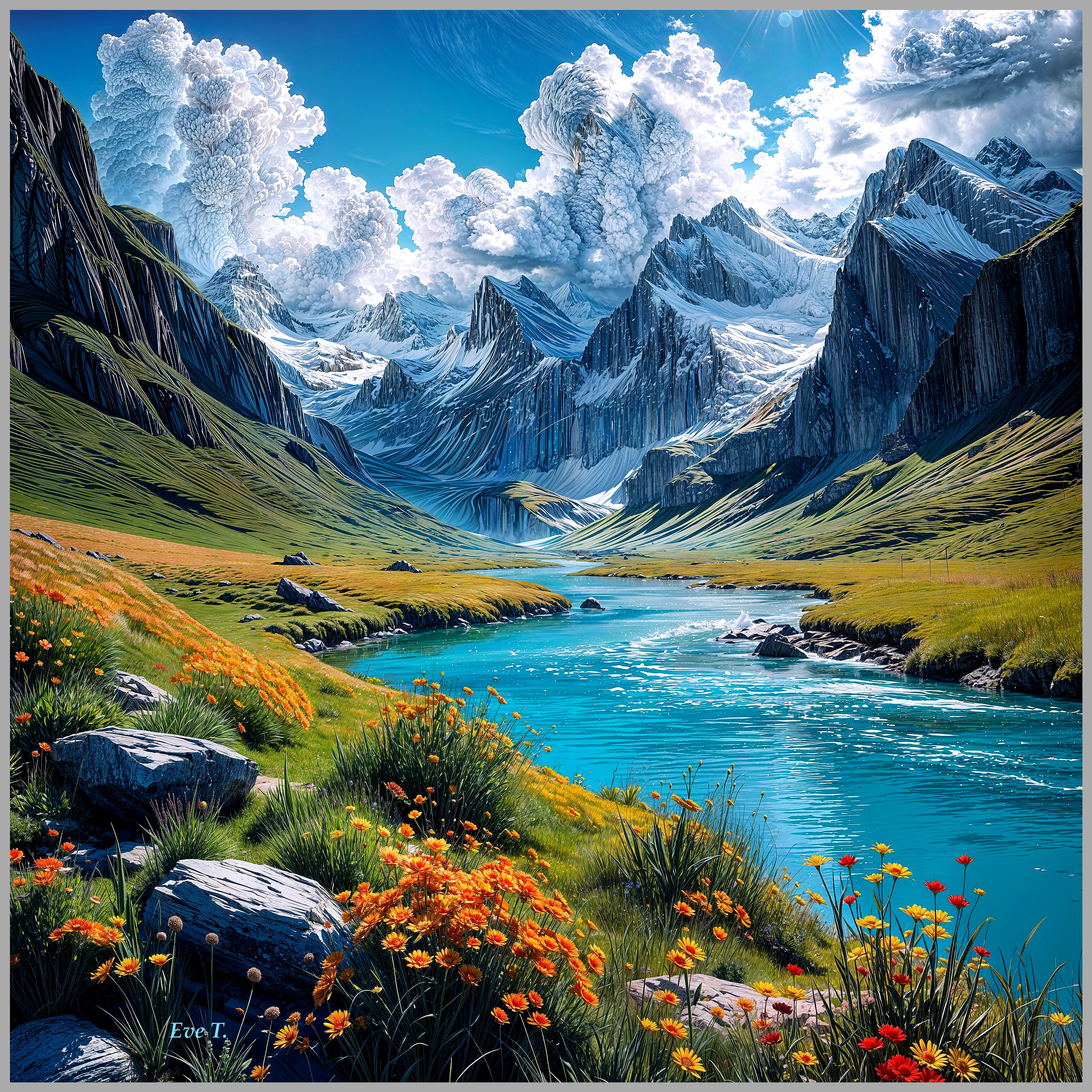 Vivid Landscape with Turquoise River and Mountains