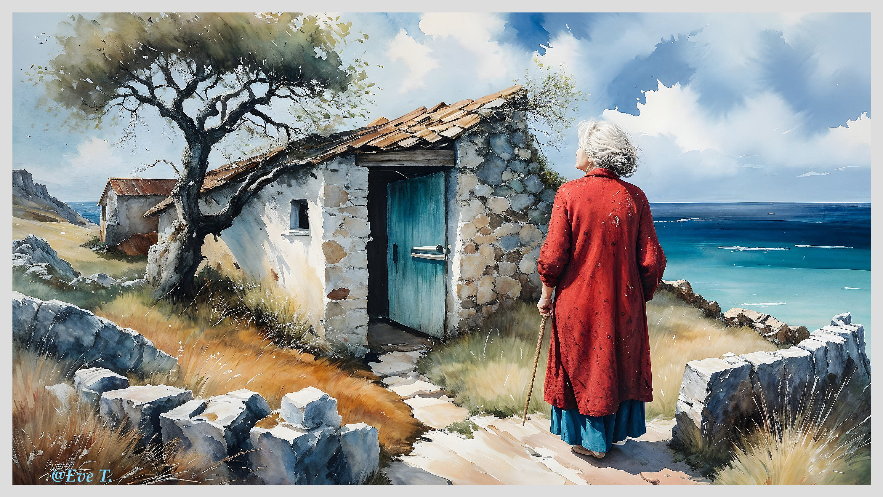 Coastal Landscape with Elderly Woman and Cottage