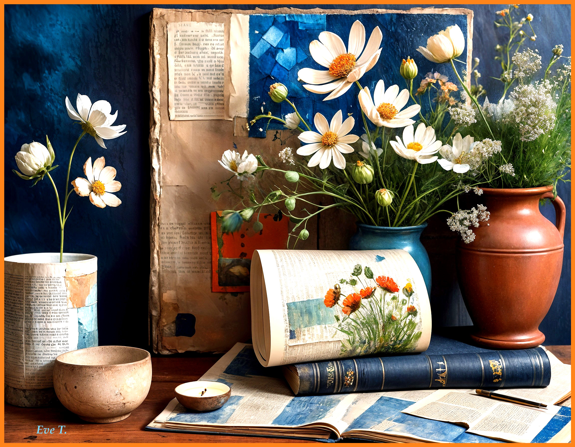 Charming Still Life with Flowers and Books on Table