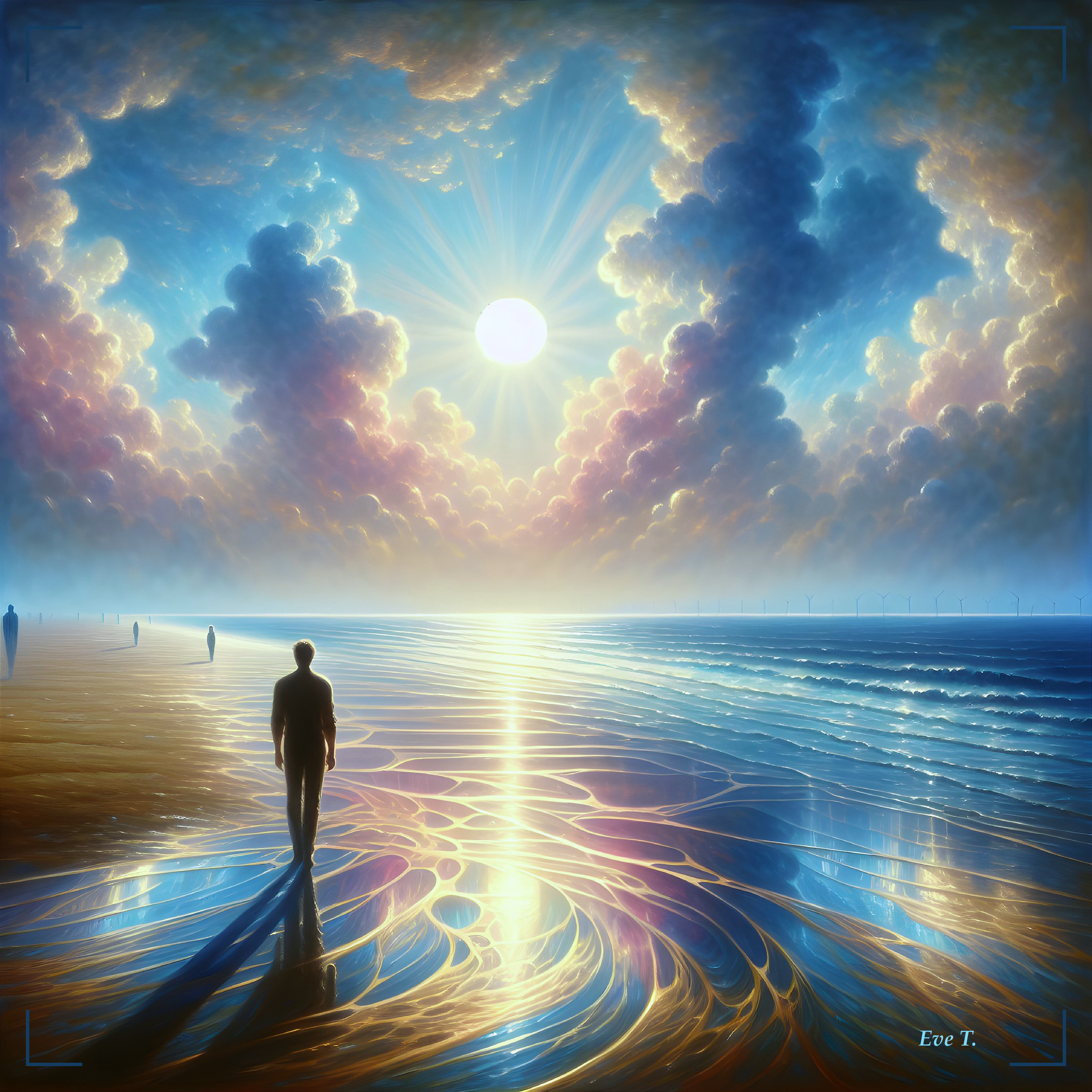 Serene figure walking on a vibrant shoreline at sunrise