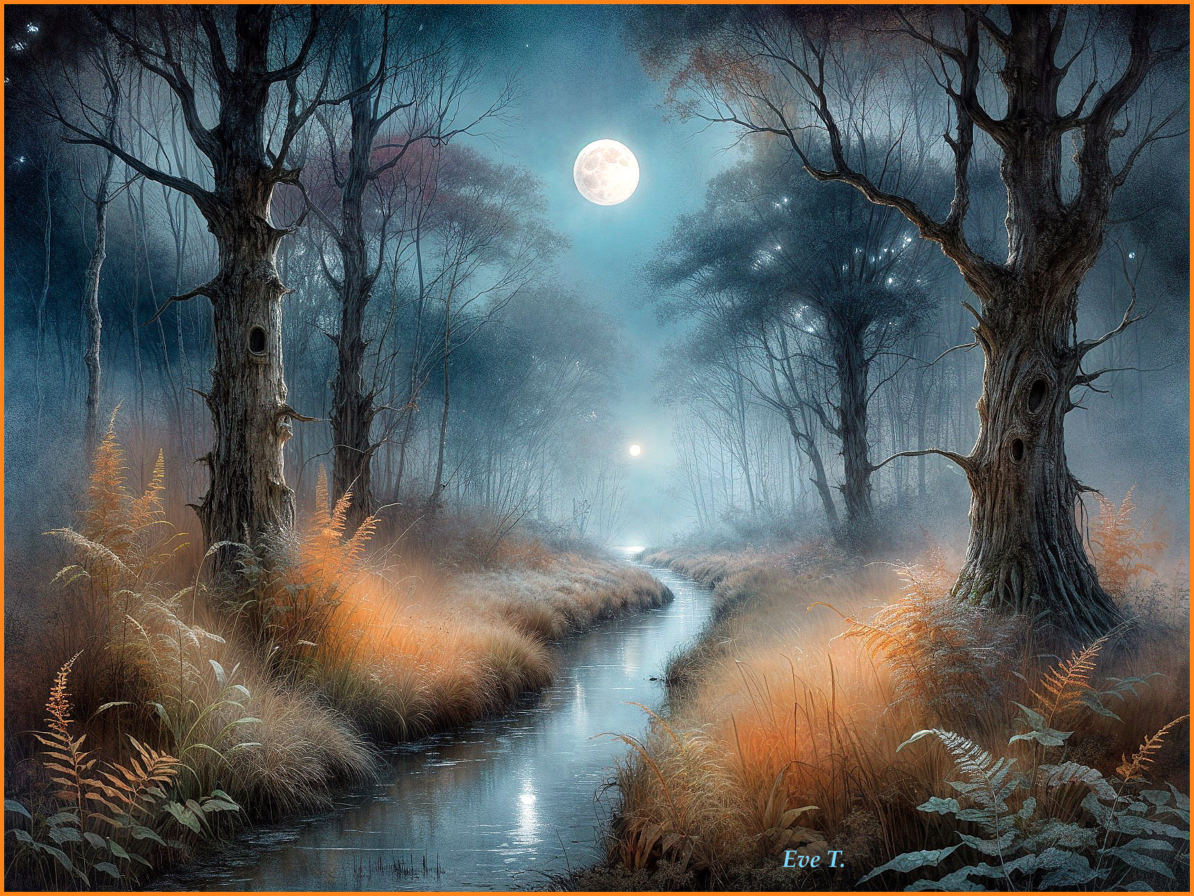 Moonlit Landscape with Winding River and Ancient Trees