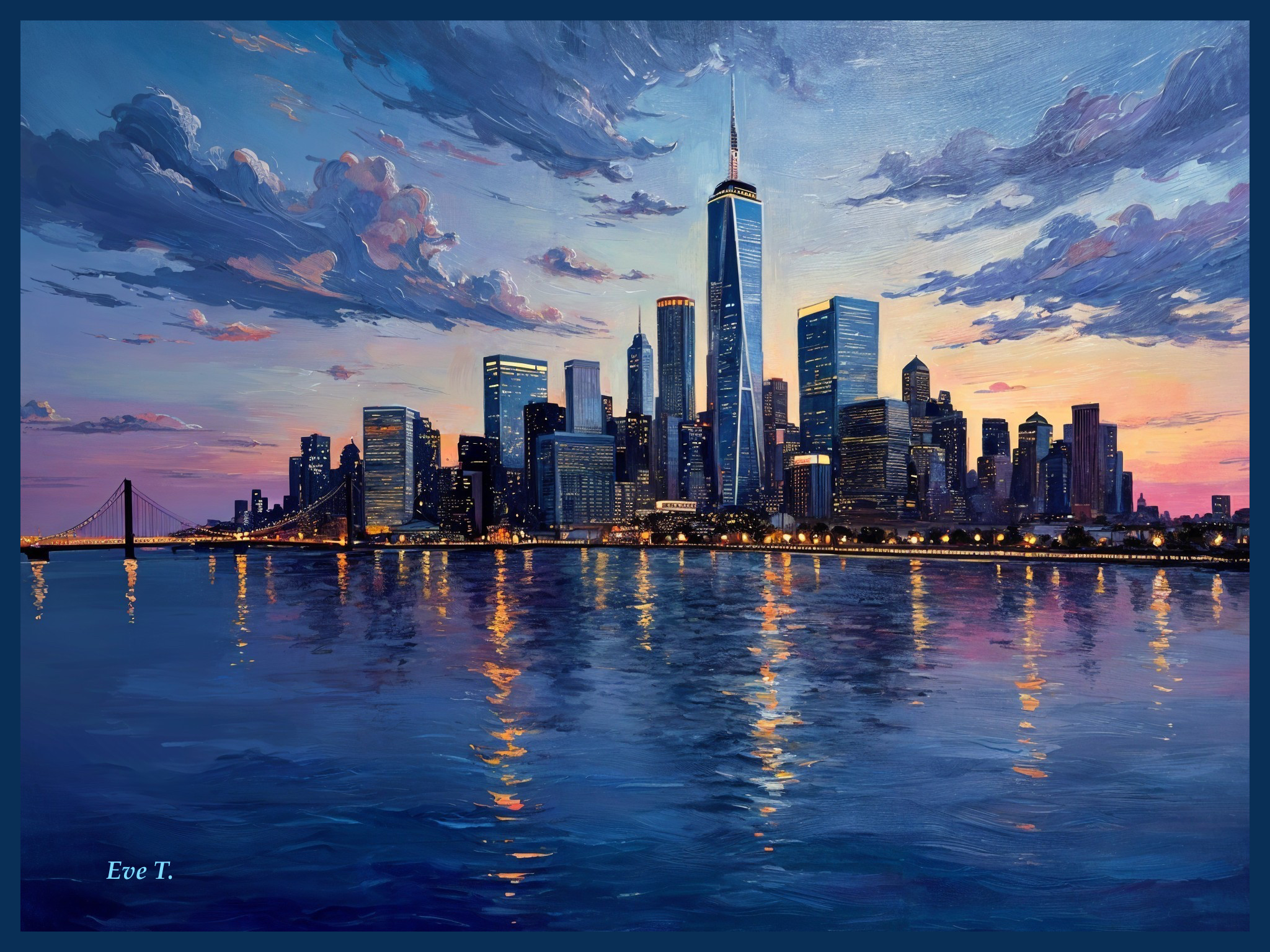 Twilight City Skyline Reflected in Calm Waters