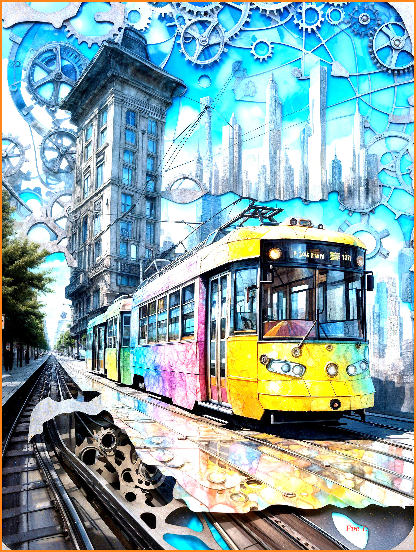 Colorful Tram in Dynamic City Setting with Gears