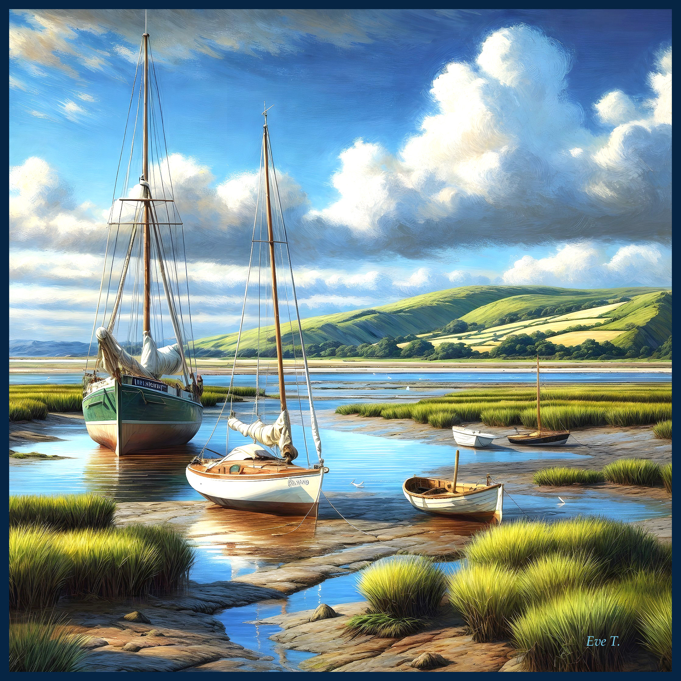 Tranquil Coastal Scene with Boats and Green Hills