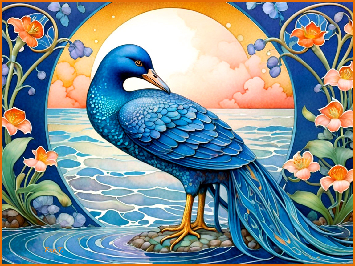 Vibrant Blue Peacock by Water with Floral Patterns