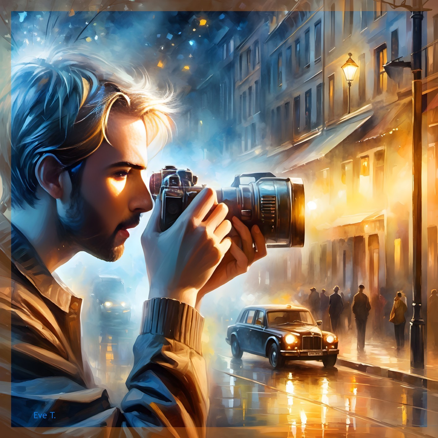 Man with Camera Captures Bustling City Street at Dusk