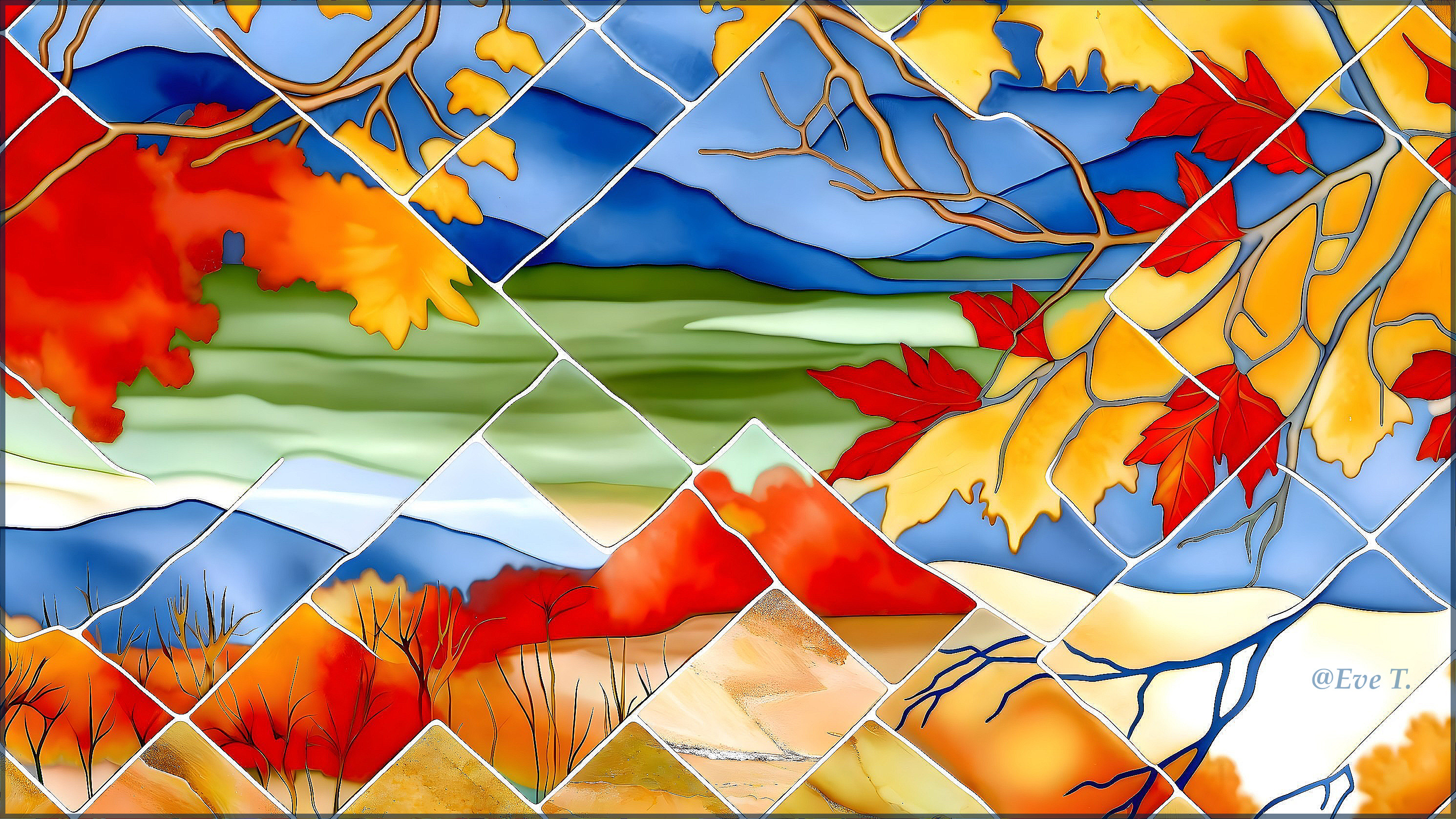 Vibrant Stained Glass Artwork Depicting Autumn Landscapes